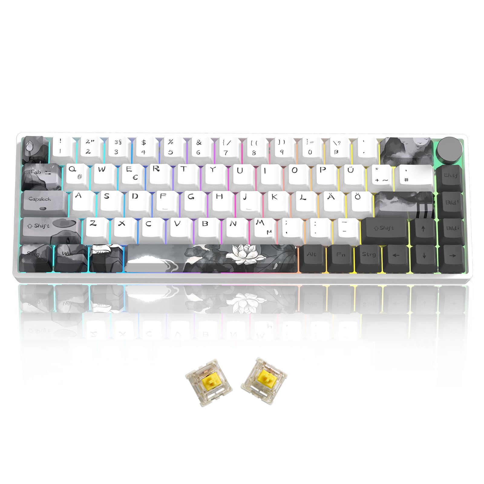 MOLGRIA GK68 68-Key RGB Backlit Hot Swappable Mechanical Gaming Keyboard with Ink Lotus Deutsch Keycaps, Gateron Yellow Switches, Triple Mode Connection & Knob - Compatible with Win/Mac OS - Perfect for Gaming, Typing & Office Work