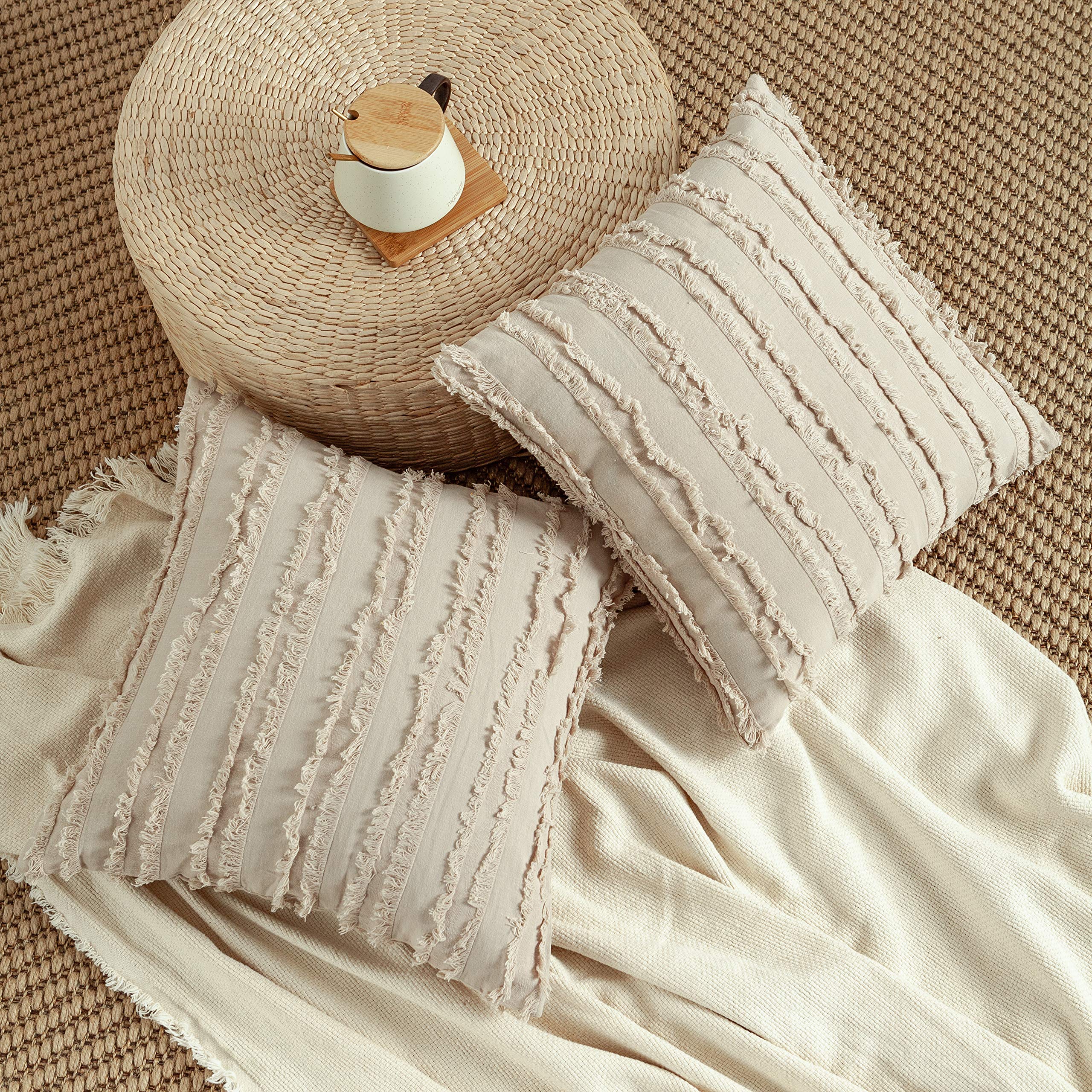 Boho Decorative Throw Pillow Covers Set of 2 - 18x18 Inch Cotton Linen Cushion Cases for Sofa, Couch & Bed - Beige Home Decor - Perfect for Living Room, Bedroom & Boho Chic Interior Design