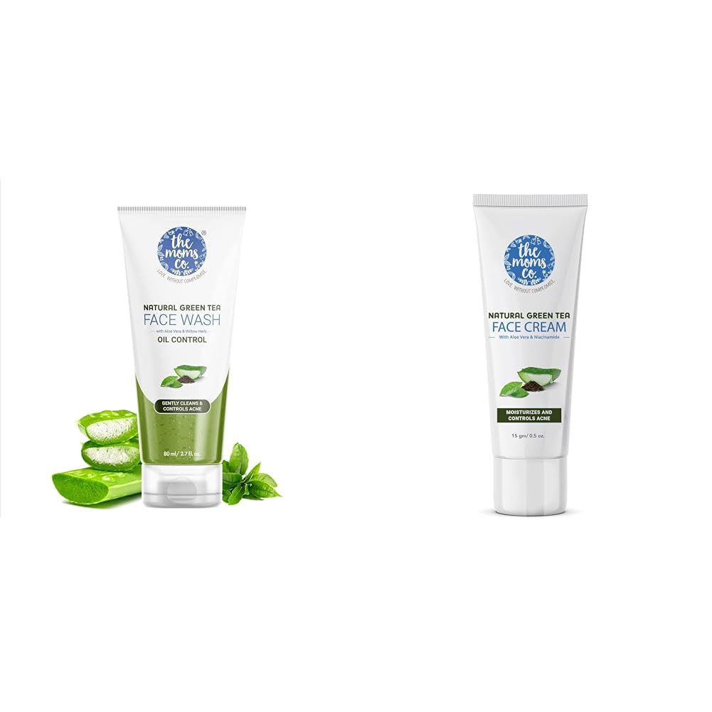 The Moms Co. Natural Green Tea Face Wash & Cream Set - Hydrating, Soothing, Acne Control for Sensitive Skin (80ml Face Wash + 15g Cream) | Perfect for Daily Skincare Routine & Travel
