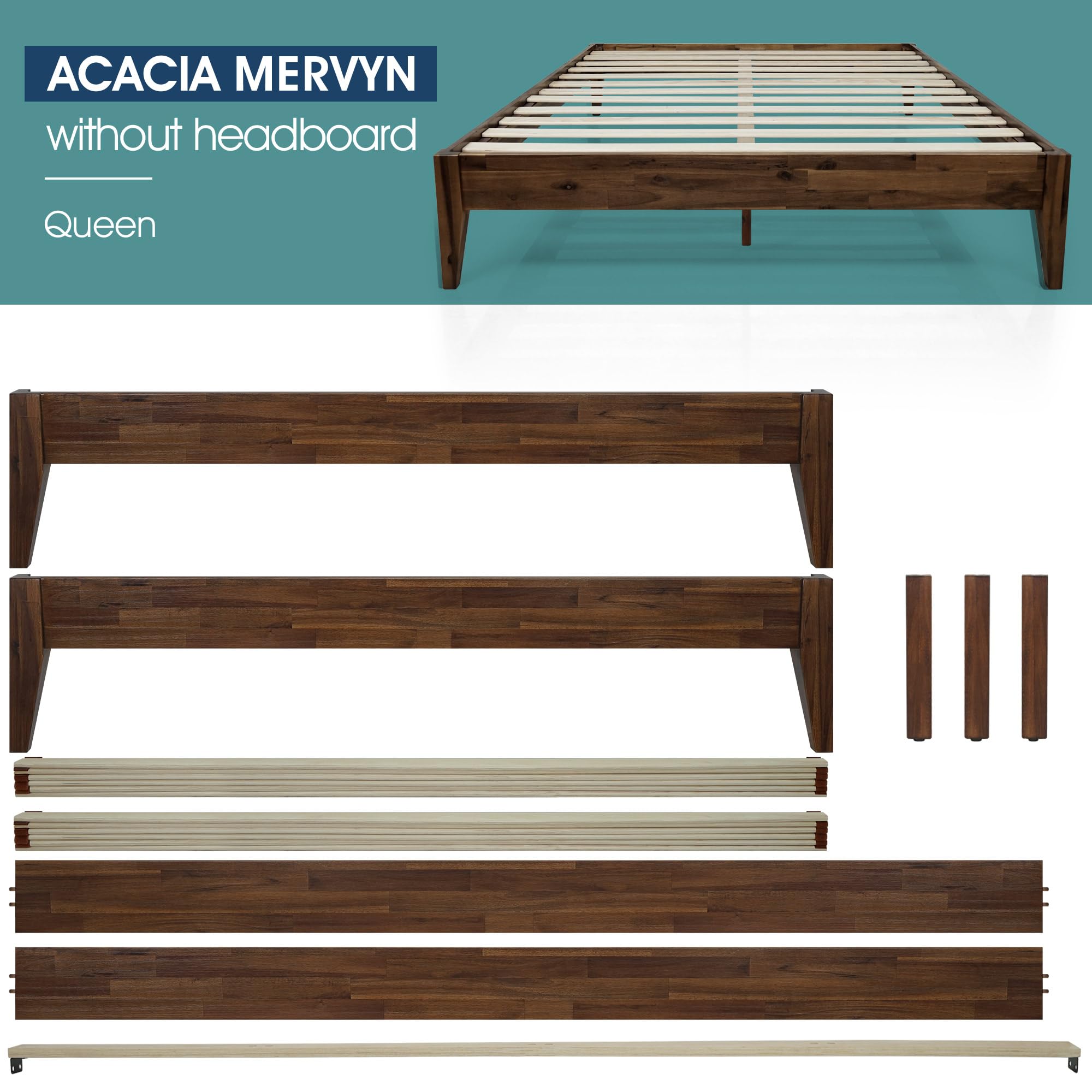 Acacia Mervyn Queen Bed Frame - Solid Wood Platform Bed with 800 lbs Capacity | Mid Century Modern Design | Compatible with All Mattress Types | Easy 30-Minute Assembly | Chocolate Finish | Perfect for Master Bedrooms, Guest Rooms & Modern Apartments