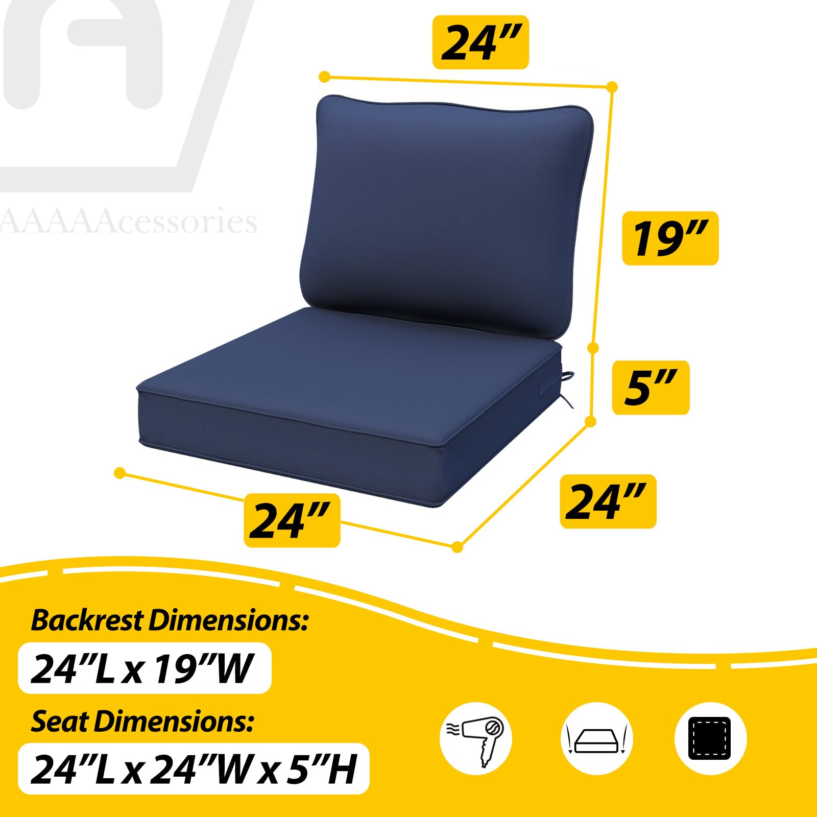 Outdoor Deep Seat Cushions for Patio Chairs - Waterproof & Fade Resistant Replacement Covers - Set of 2 (24x24x5 Inch) Navy Blue - Perfect for Garden, Deck, Poolside & Outdoor Lounge Furniture