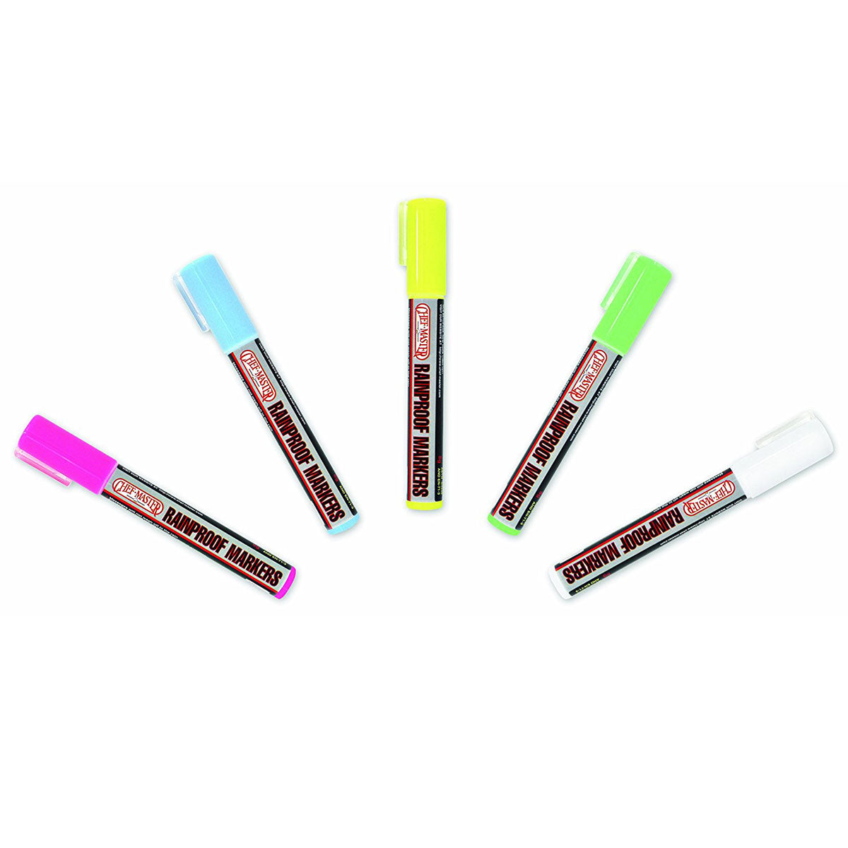 Chef Master 90032 Wet Erase Markers - 5 Vibrant Colors (Blue, Green, White, Yellow, Pink) - Rainproof & Long-Lasting - Perfect for Outdoor Signs, Whiteboards & Weatherproof Labeling