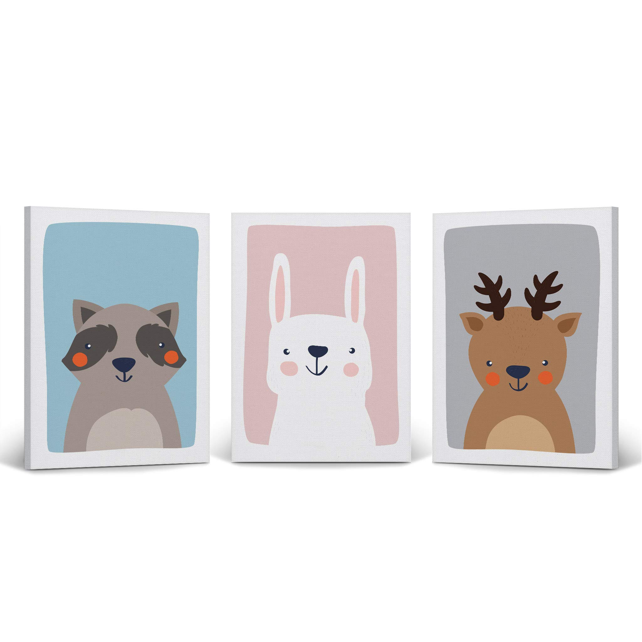 Cute Raccoon Rabbit Deer Canvas Wall Art Set - 3 Piece Nursery Decor with Blue Pink Gray Background | Ready to Hang Kids Room Decor for Baby Boy & Girl | Made in USA (28x19 inches x3) | Perfect for Nursery, Playroom & Children's Bedroom Decor