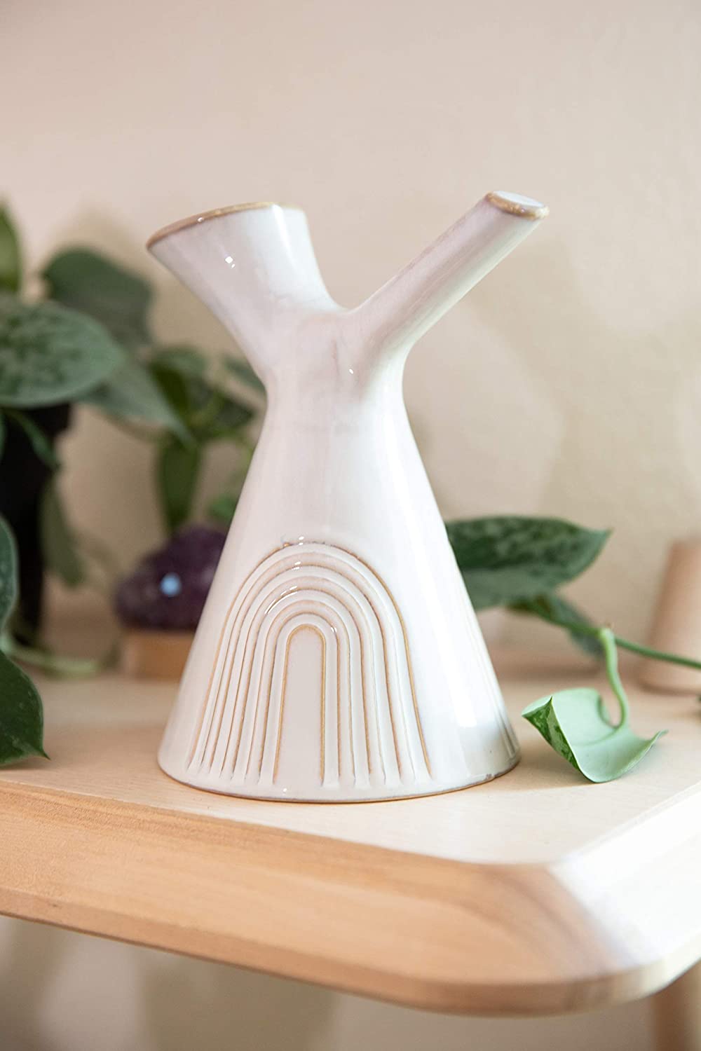 Flora Bunda 7 Inch Ivory Rainbow Y-Style Ceramic Watering Can - Elegant Indoor Plant Watering Pot for Home & Office Decor - Perfect for Houseplants, Succulents, and Floral Arrangements