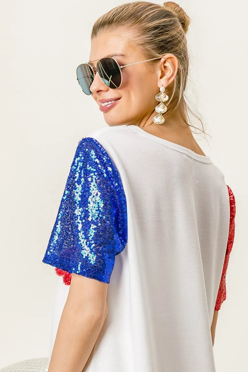 BiBi Metallic Letter V-Neck Sequin Sleeves Top for Women | Party Wear, Club Outfit, Evening Dress, Special Occasion Fashion