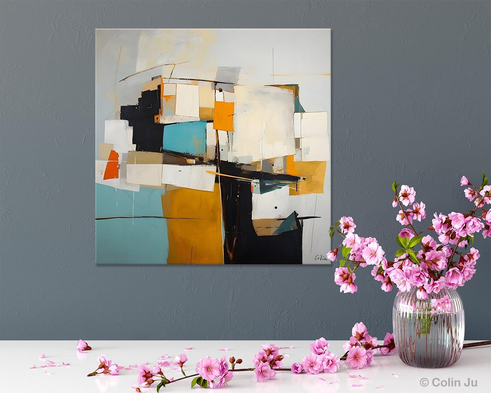 Modern Abstract Canvas Wall Art - Hand Painted Geometric Acrylic Painting - Large Contemporary Artwork for Living Room, Bedroom & Office Decor