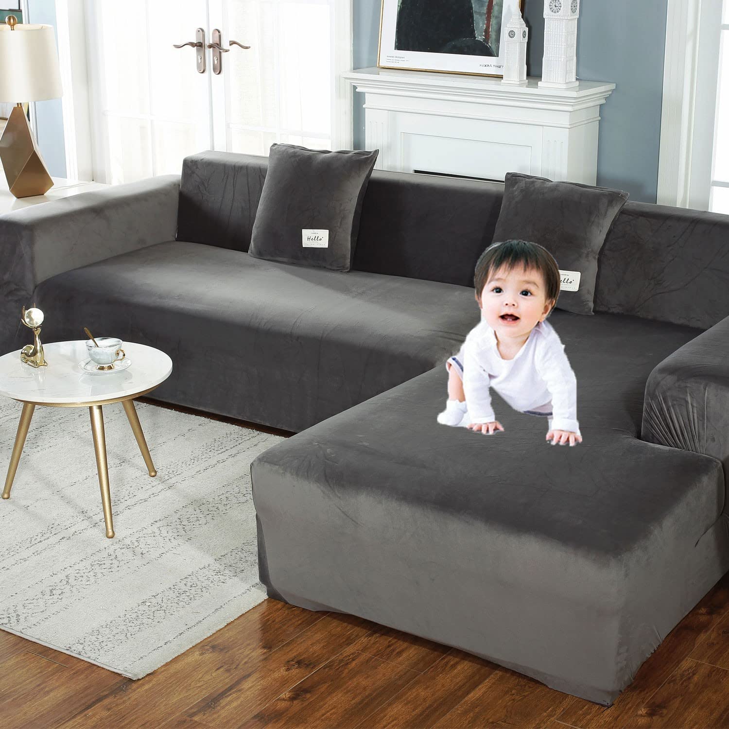 Stretch L-Shaped Sectional Sofa Slipcover - 5+5 Seat Couch Cover for Pets & Kids, Gray - Furniture Protector for Living Room, Family Room & Home Theater