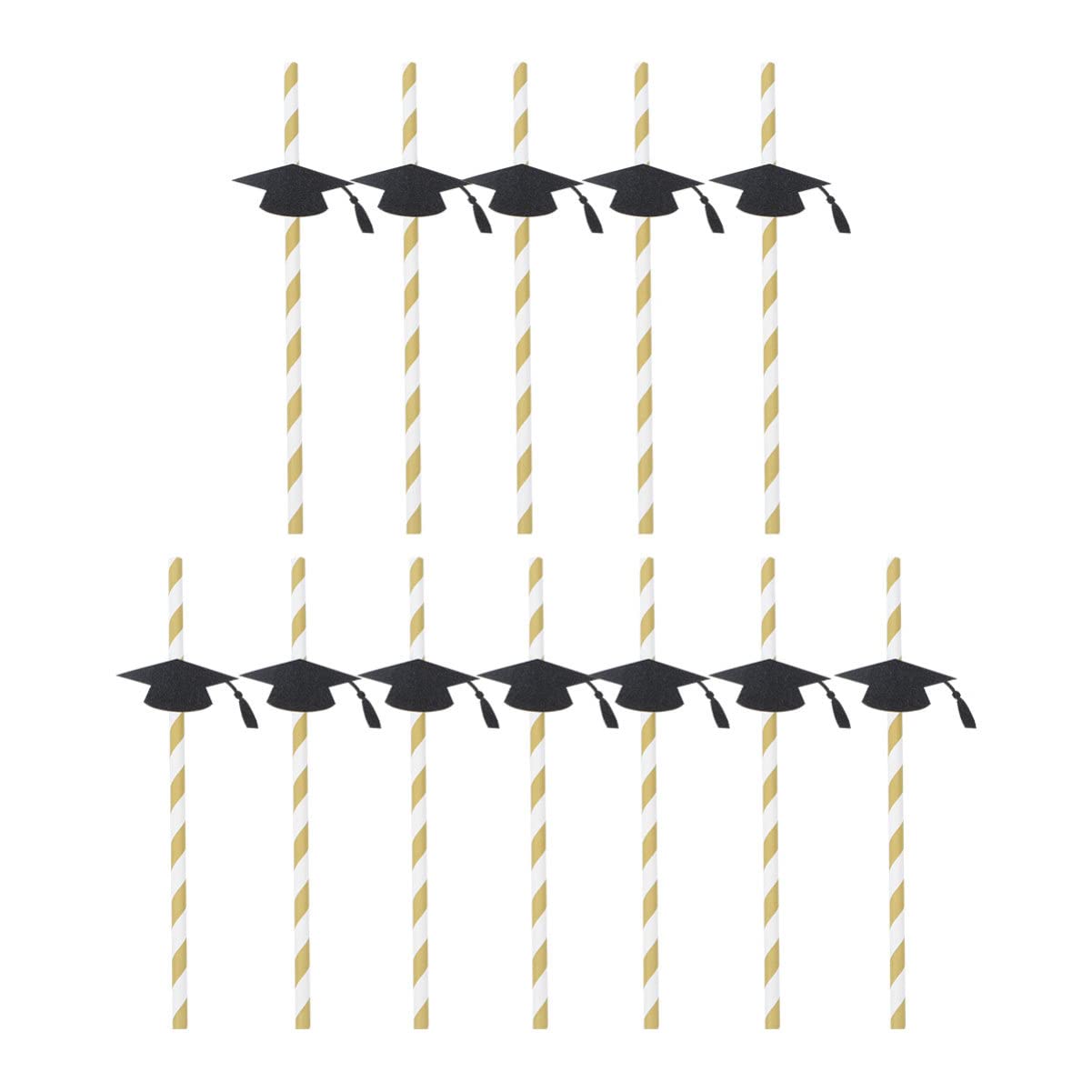 Eco-Friendly Black Paper Straws for Graduation Parties - 12pcs Disposable Graduation Cap Themed Drinking Straws, Striped Decorative Coffee Straws - Perfect for Graduation Celebrations, Milkshakes & Iced Beverages