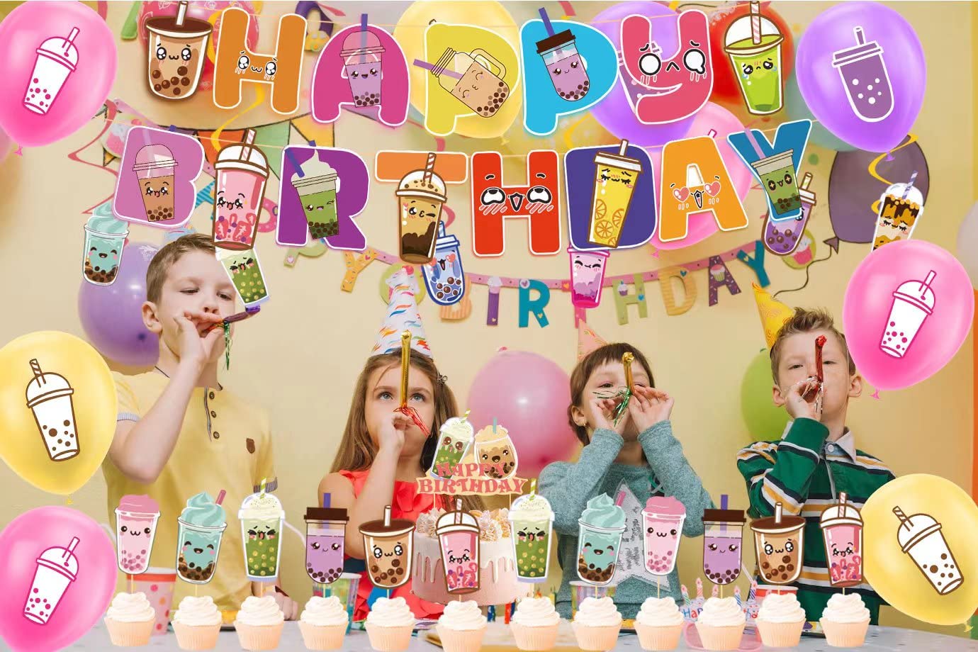 Bubble Tea Party Decorations Kit - Boba Tea Birthday Banner, Spirlas, Cake Topper, Cupcake Toppers & Balloons for Boba Themed Celebrations | Perfect for Birthday Parties, Baby Showers & Bridal Showers