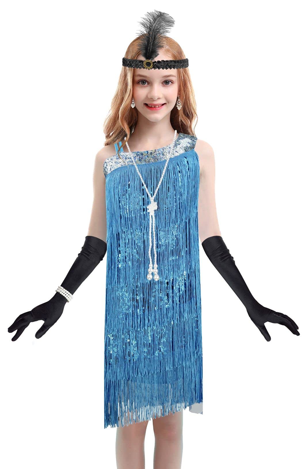 1920s Kids Sequined Fringed Chicken Feather Dress - Latin Dance Costume Set for Girls Performance & Party (Flapper Dress, Halloween, Stage Show, Photo Shoot)