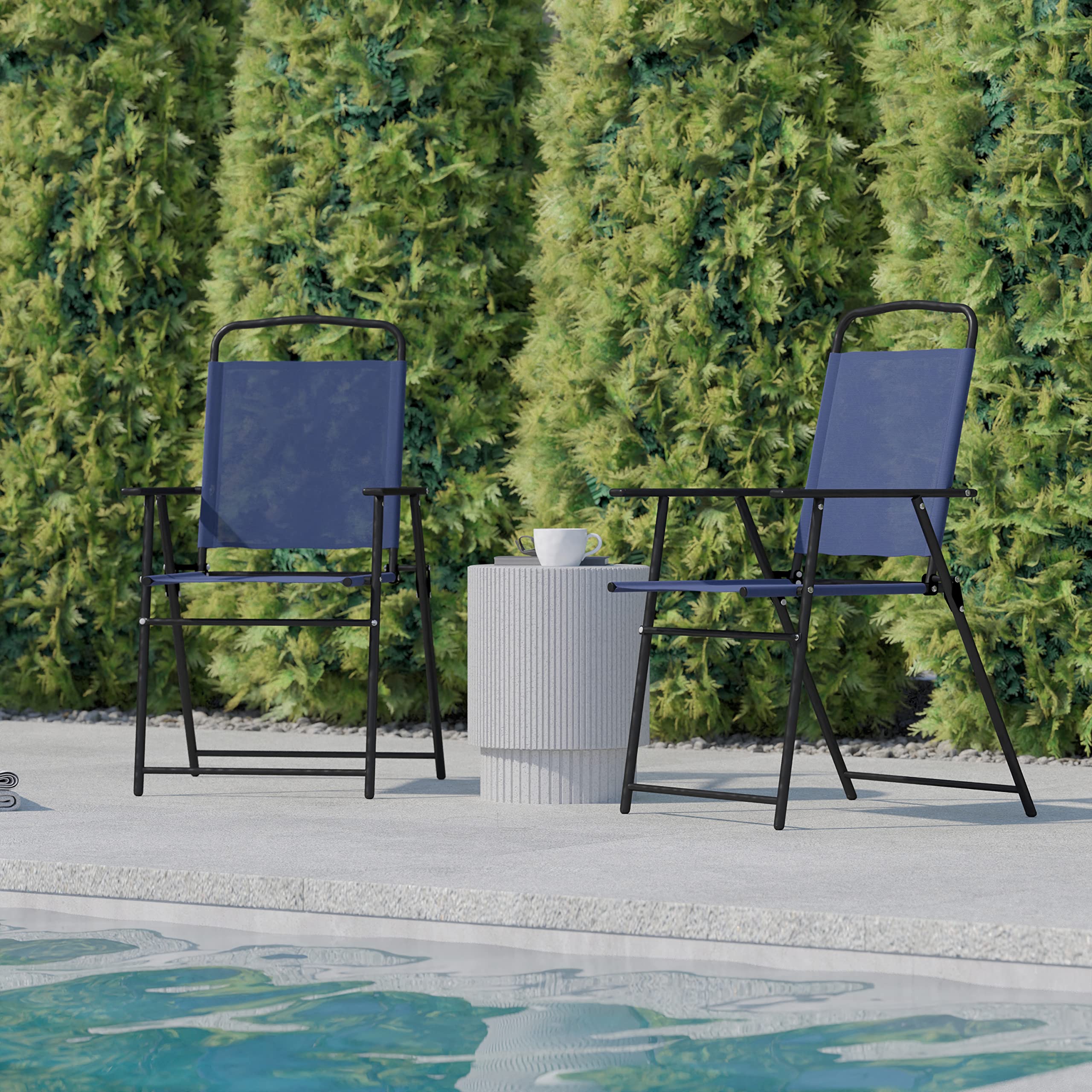 Flash Furniture Mystic Folding Patio Sling Chairs - Set of 4 Navy Textilene Outdoor Lawn Chairs with Armrests | Perfect for Poolside, Backyard, Garden & Patio Relaxation