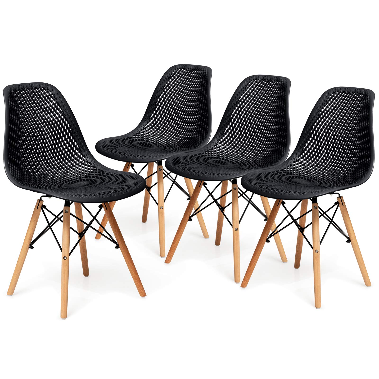 Giantex Set of 4 Modern Dining Chairs - Indoor/Outdoor Shell PP Lounge Side Chairs with Mesh Design & Beech Wood Legs - Tulip Leisure Chairs for Kitchen, Dining Room, Patio, Restaurant - Black