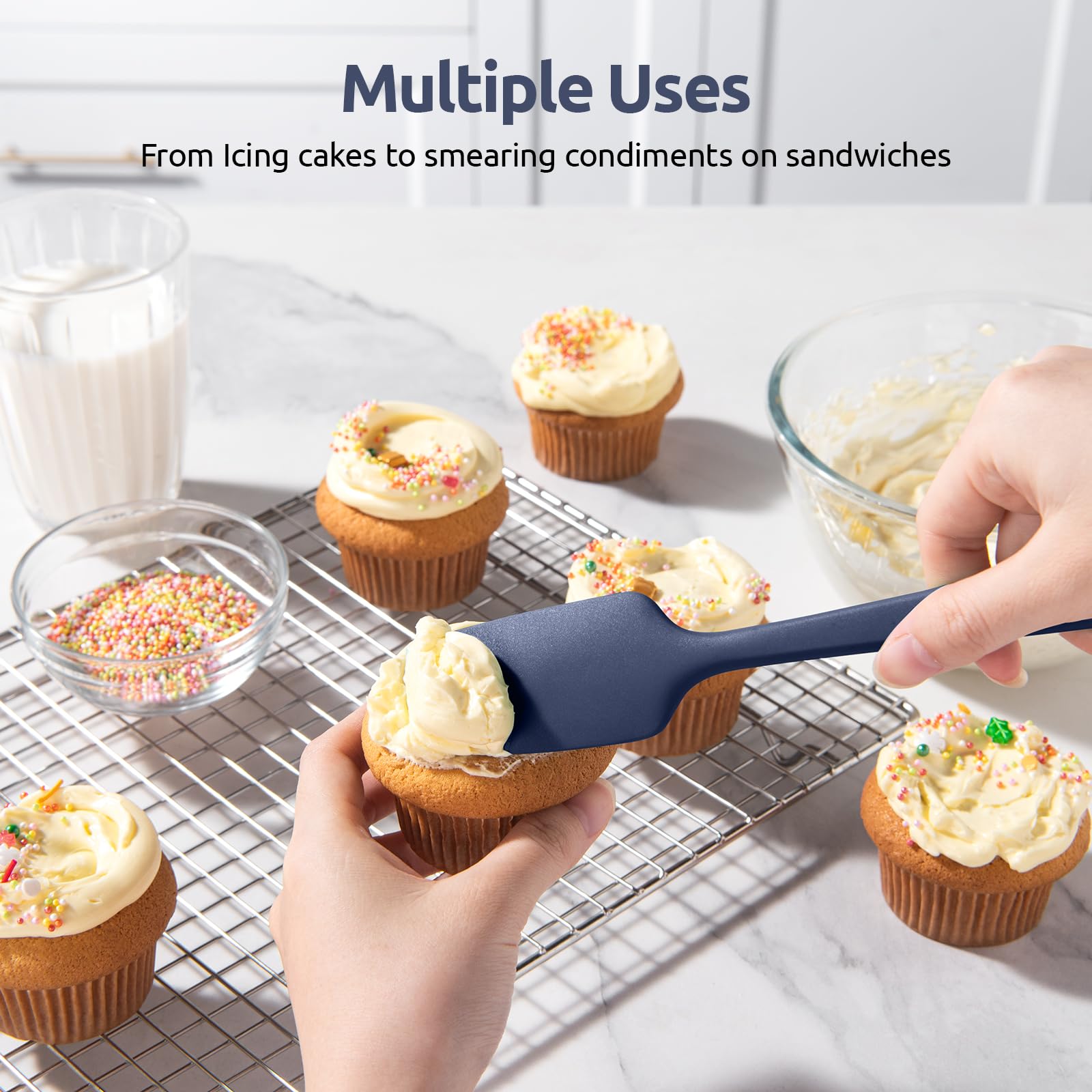 U-Taste 600°F Heat Resistant Silicone Spatula Set - 3-Piece Kitchen Utensils (Mini, Large & Spoon Spatula) in Lake Blue & Midnight Blue - Perfect for Baking, Cooking & Non-Stick Pans