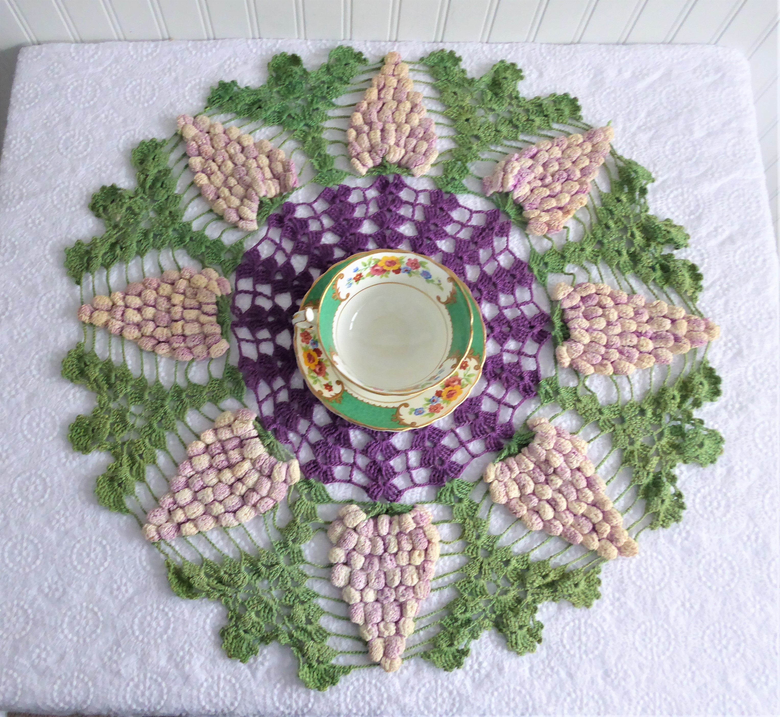 Vintage 3D Handmade Crochet Doily - Large Grapes Design, English Thread, 1950s Style - Perfect for Table Decor, Wedding Centerpieces, and Vintage Home Decor
