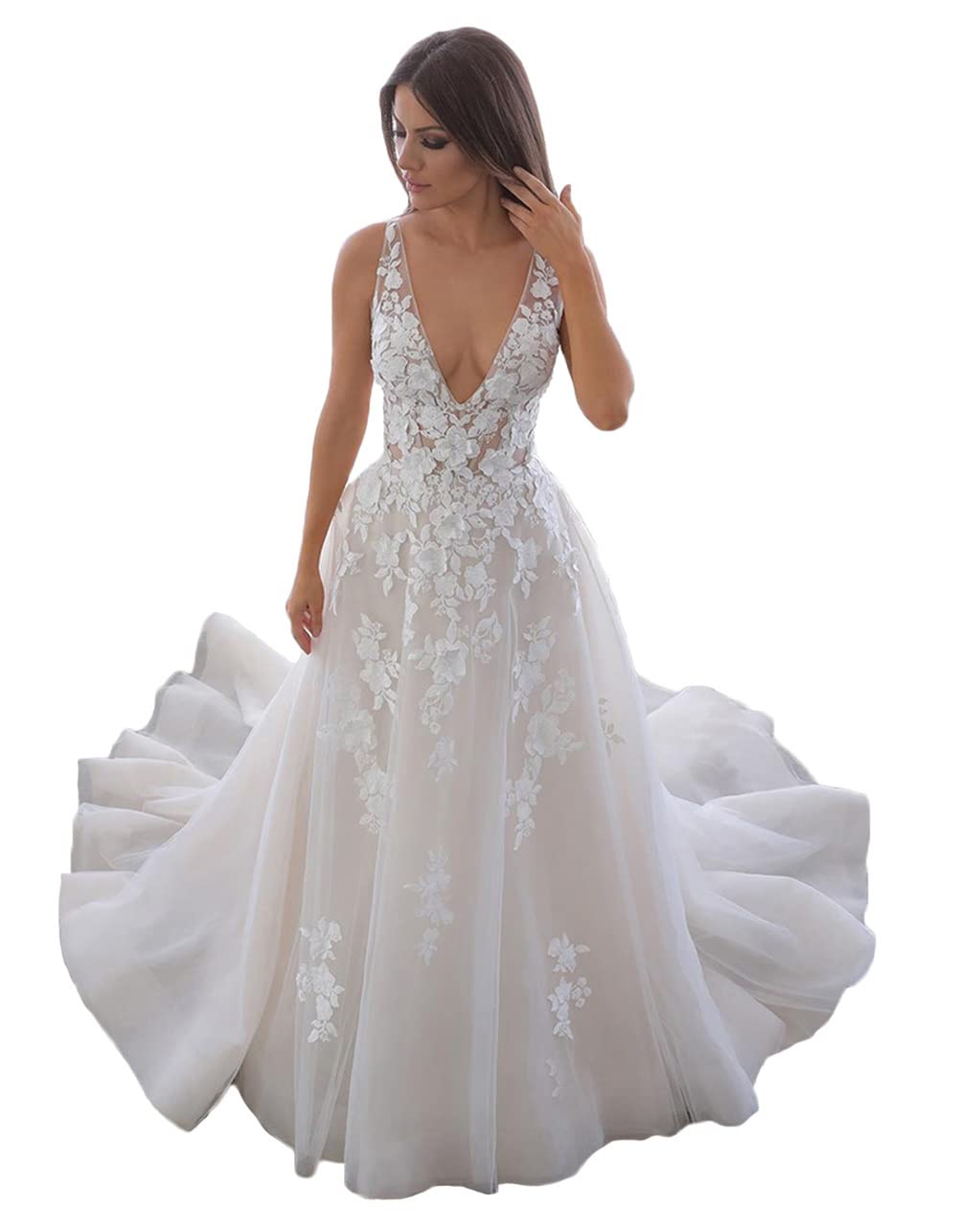 Elegant A-Line V-Neck Tulle Lace Backless Boho Wedding Dress for Women | Tsbridal Bridal Gown | Perfect for Beach, Garden & Bohemian Weddings