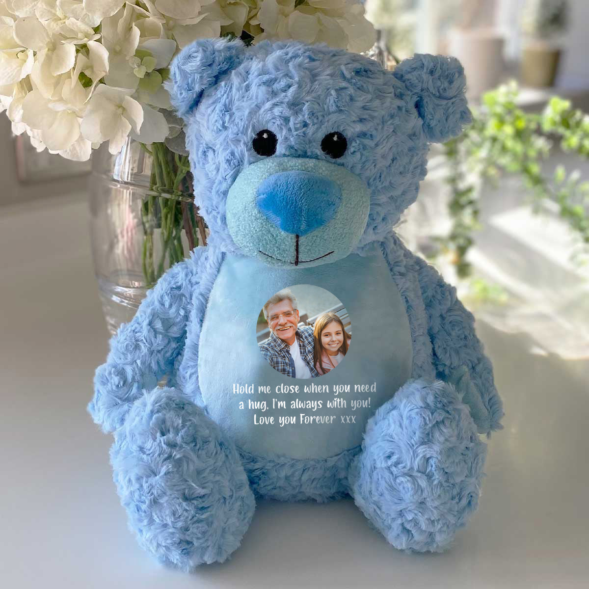 Personalized Photo Ashes Keepsake Memory Bear - Blue Plush Teddy for Memorial Gifts, Sympathy Comfort & Remembrance Ceremonies