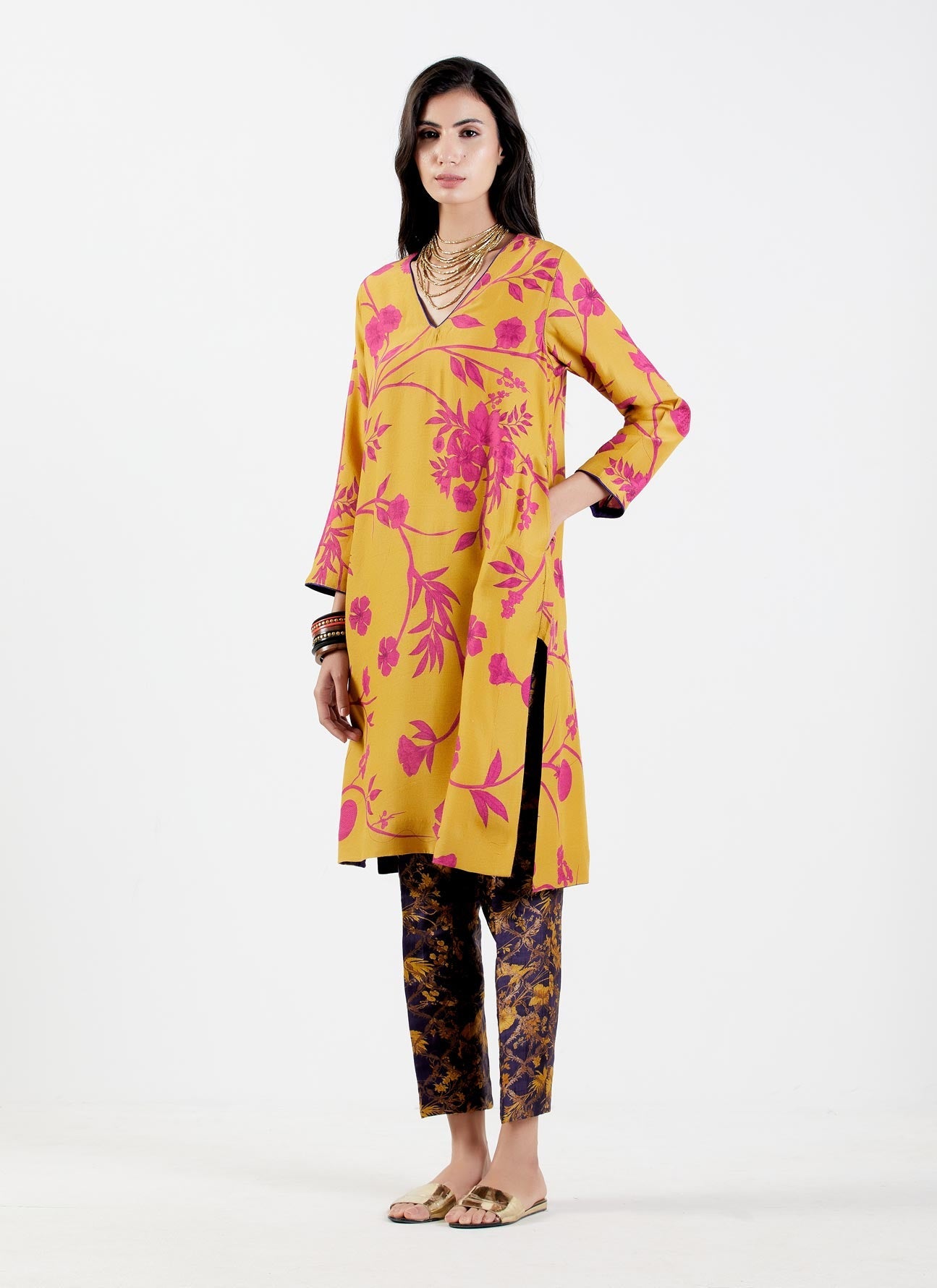 Elegant V Neck Kurta for Women - Premium Muga Satin Fabric - Comfortable & Stylish Indian Ethnic Wear - Perfect for Festivals, Weddings & Special Occasions