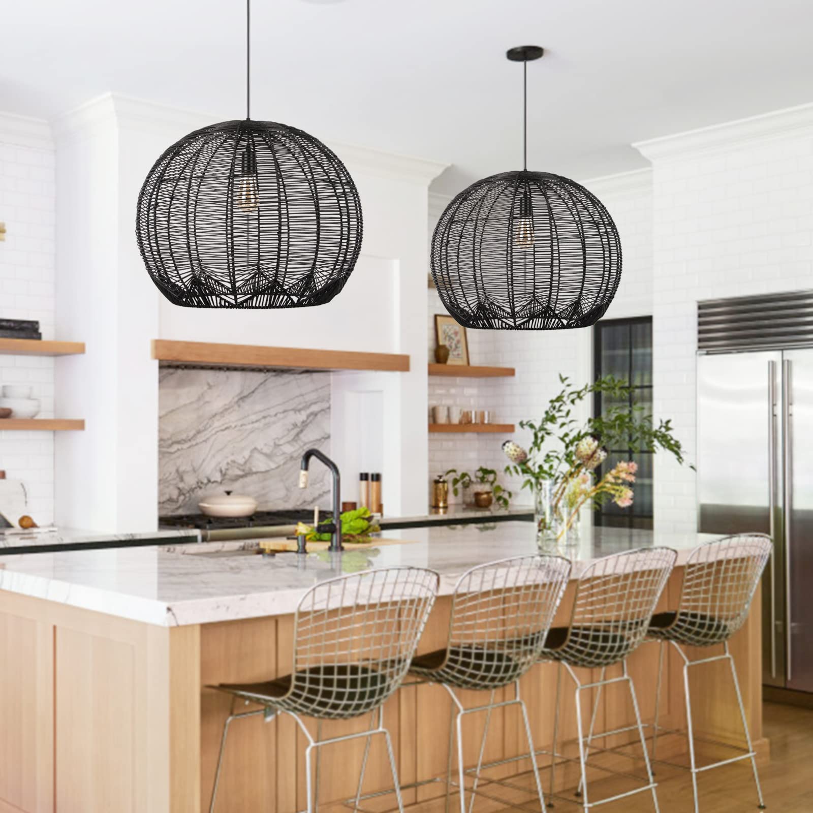 WalmHomie Woven Pendant Light - Black Farmhouse Ceiling Light Fixture with 1-Light Hanging Design for Living Room, Kitchen, Dining Room & Bedroom