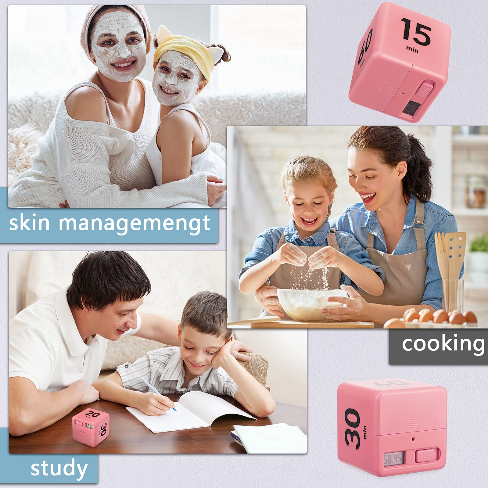 2-Pack Cube Timers with Gravity Sensor - 1/3/5/10/15/20/30/60 Minute Settings for Kids Study, Workout & Games (White & Pink) - Perfect for Classroom, Home & Office Time Management