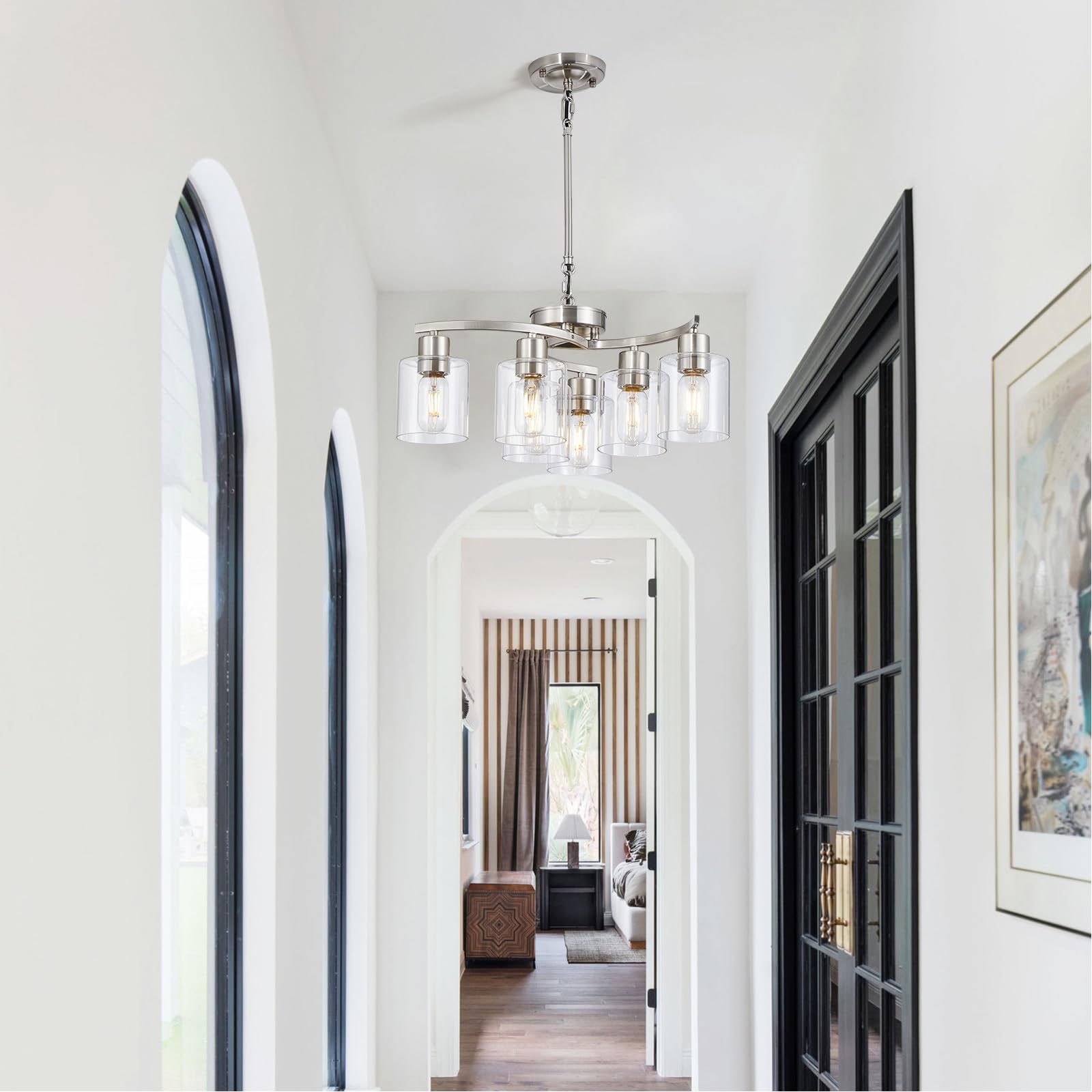 Modern Brushed Nickel Chandelier - Adjustable Height 6-Light Dining Room Ceiling Fixture for Living Room, Bedroom & Kitchen Island | Elegant Lighting for Home Decor & Dinner Parties