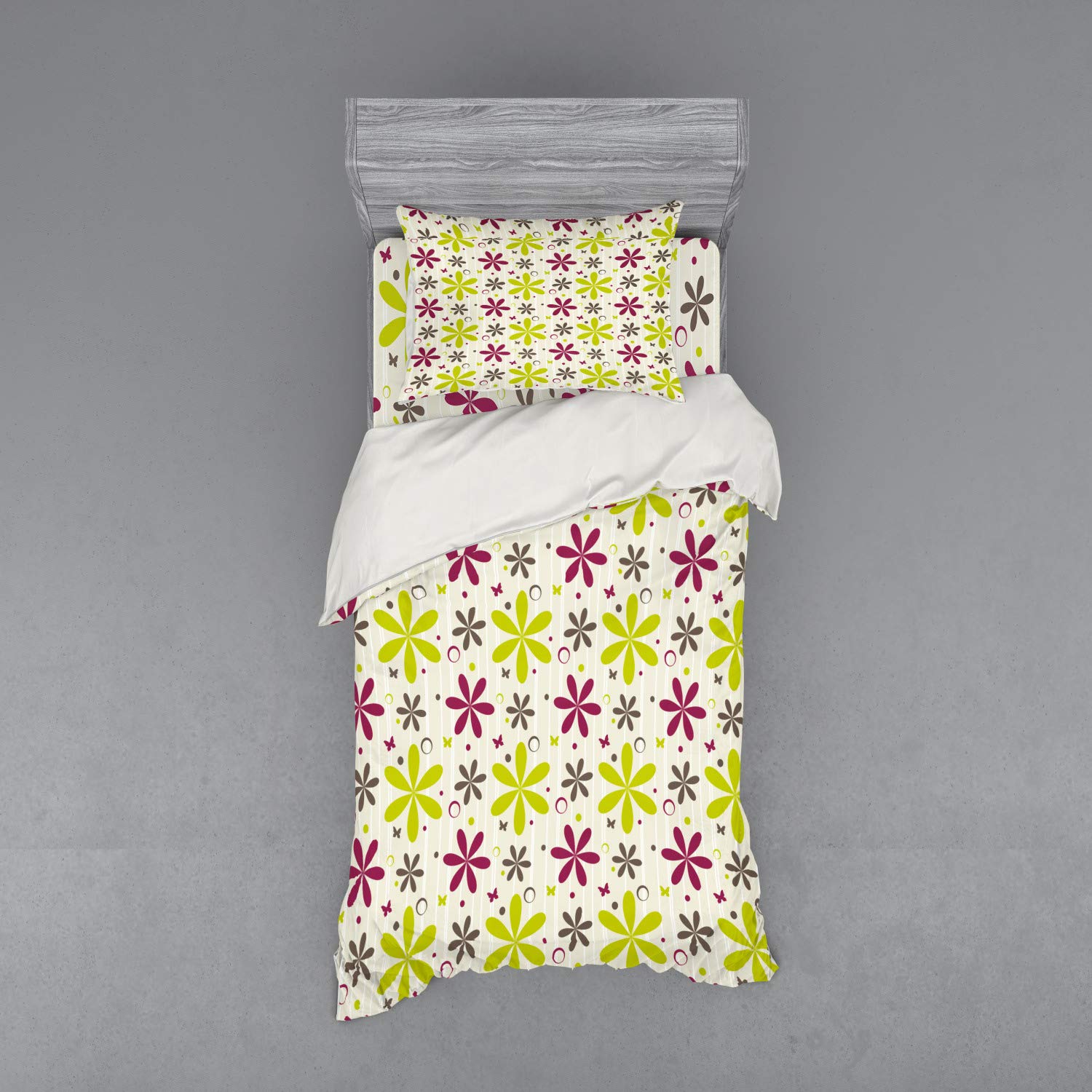 Ambesonne Floral Duvet Cover Set - 3 Piece Twin Size Bedding with Sham & Fitted Sheet, Nature Inspired Flowers Buds Butterfly Circle Hoops Design in Apple Green Dark Taupe Maroon - Perfect for Spring Bedroom Decor, Guest Room or Boho Chic Home Styling