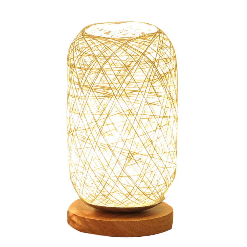 Rattan Twine Ball Table Lamp - Handmade Wooden Desk Light with Warm White LED Bulbs, Perfect for Bedroom, Living Room, and Home Office Decor