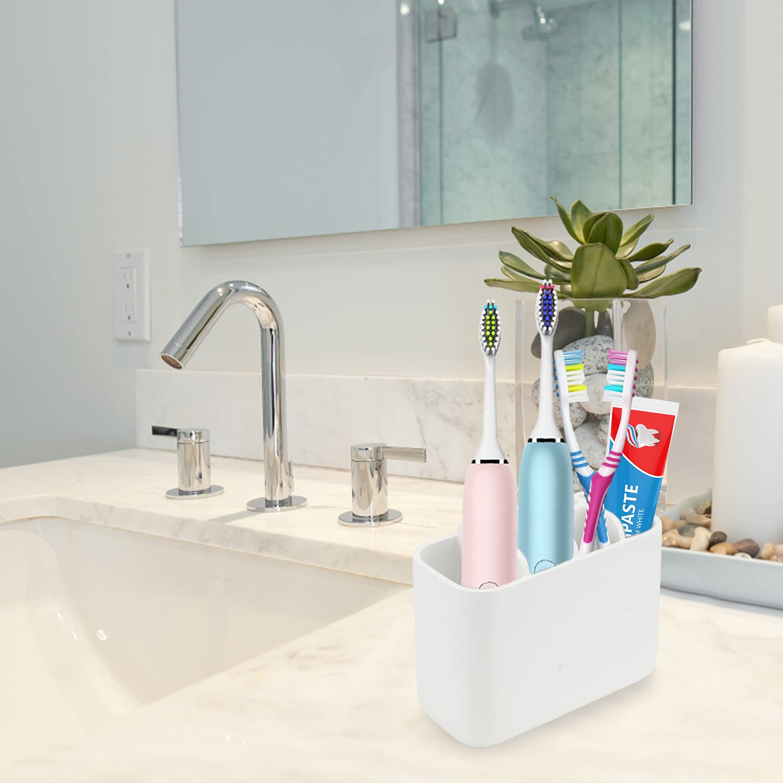 White Resin Toothbrush Holder & Organizer for Bathroom - Perfect for Toothbrushes, Makeup Brushes, and Cosmetics Storage | Compact & Stylish Bathroom Countertop Organizer