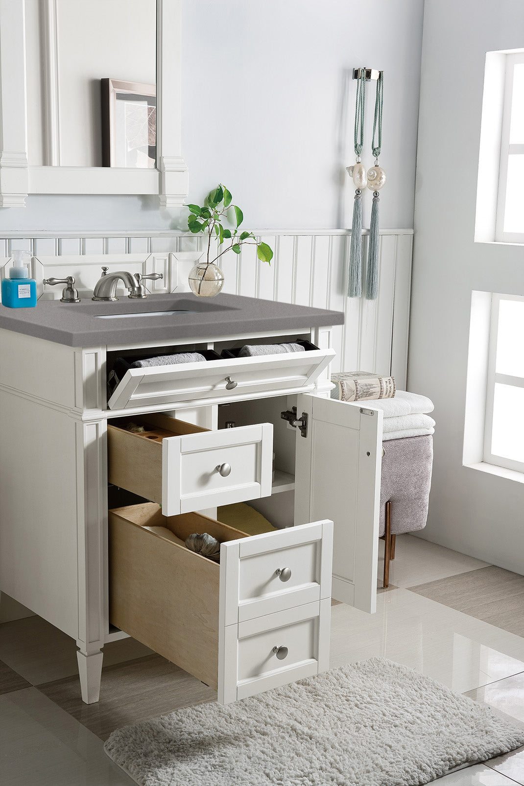 Brittany 30-Inch Single Bathroom Vanity Set with 3CM Gray Expo Quartz Countertop - Bright White Finish for Modern Bathroom Remodeling & Home Upgrade