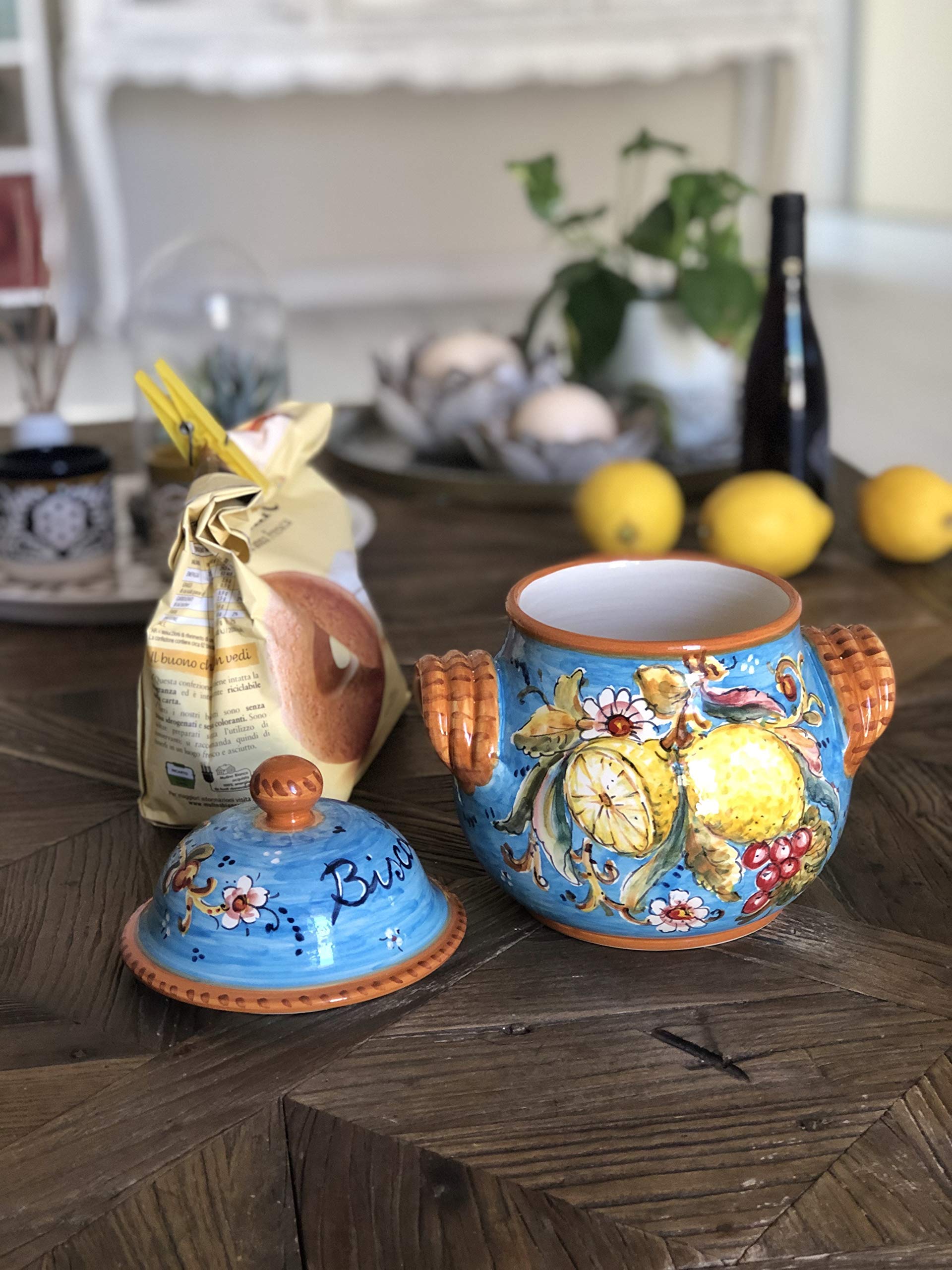 Hand Painted Italian Ceramic Art Pottery Cookie Jar - Tuscan Florence Style Biscuit Storage Container | Made in Italy | Perfect for Kitchen, Dining Room & Gift Giving