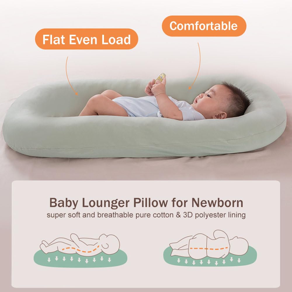 Organic Cotton Baby Lounger for Newborns - Soft, Breathable Infant Lounger with Safety Support | Perfect for Nursery, Travel & Playtime (Green)