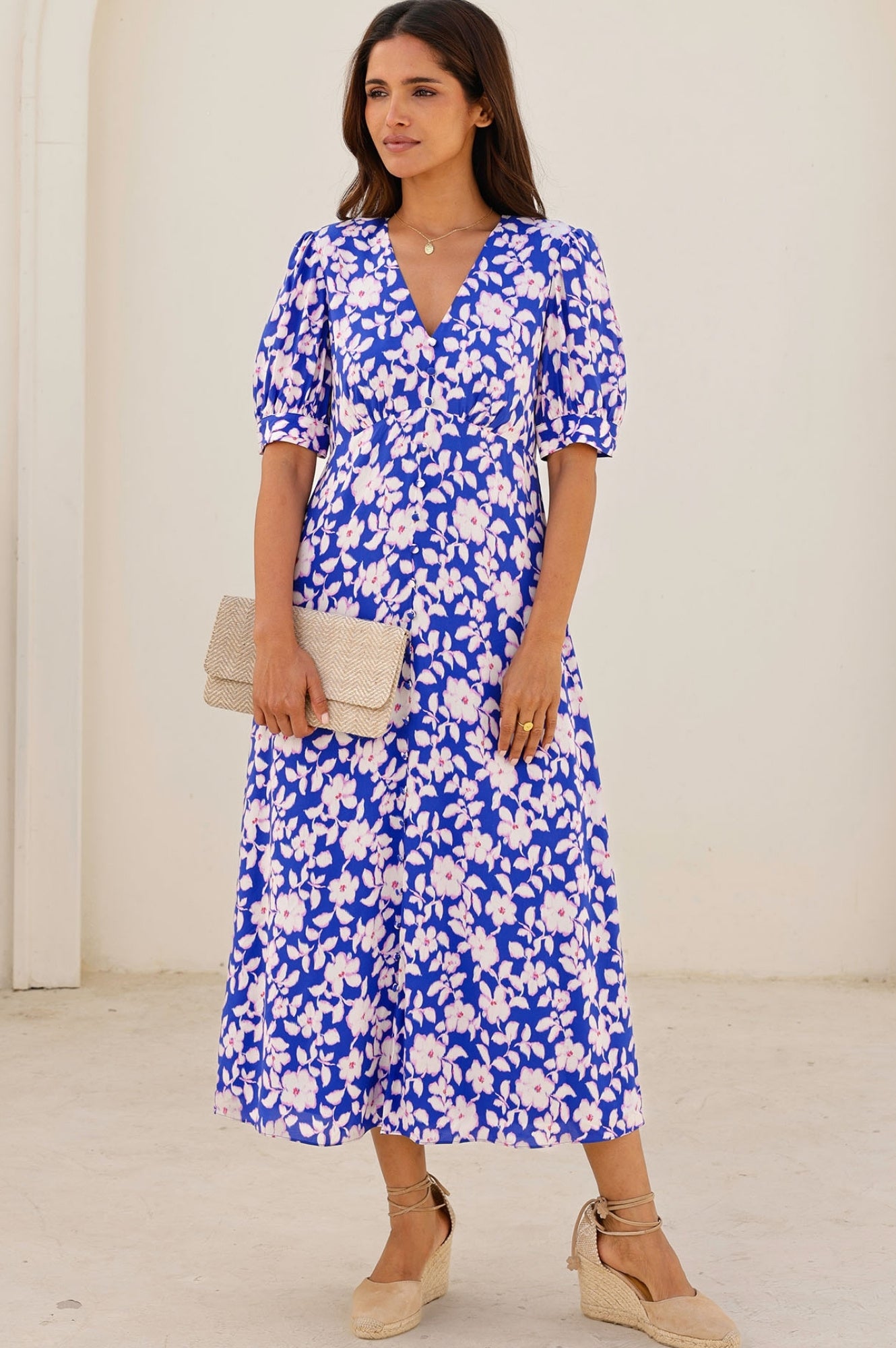 Anne Tea EcoVero™ Sustainable Floral Dress in Blossom Cobalt & Pink - Perfect for Spring Weddings, Garden Parties & Casual Outings