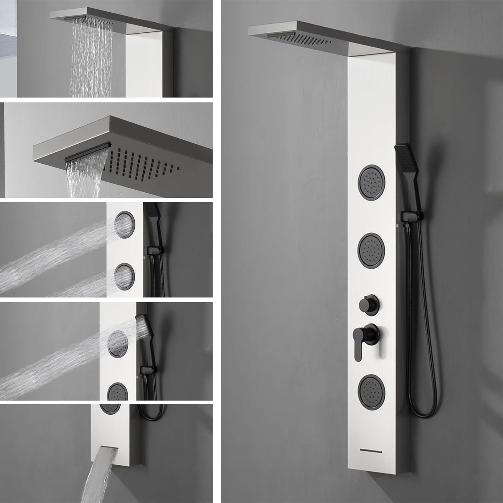 BWE 5-in-1 Shower Panel System with Rainfall Shower Head, Waterfall & Body Jets - Brushed Nickel & Black Tower for Luxurious Spa Experience - Perfect for Master Bathroom Renovation & Modern Home Upgrade