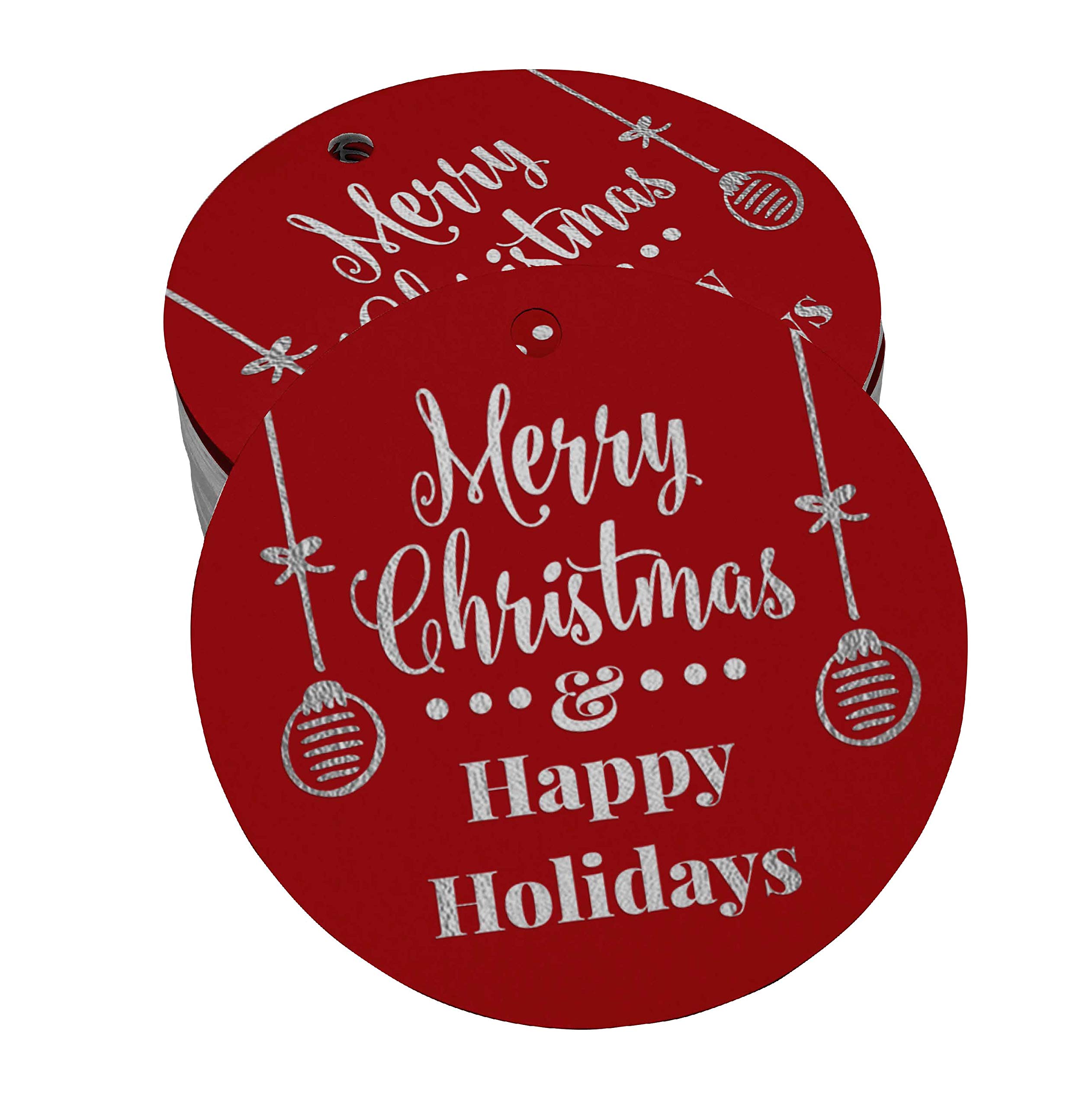 100 Pack Merry Christmas & Happy Holiday Gift Tags - Silver Foil Hanging Labels for DIY Crafts, Party Favors, and Holiday Decorations - Perfect for Wrapping Presents, Ornaments, and Seasonal Gift Giving