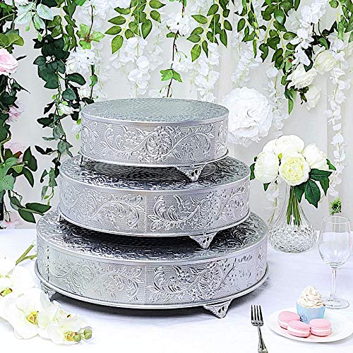 22-Inch Silver Round Embossed Cake Stand - Elegant Wedding & Birthday Dessert Display Pedestal for Centerpiece Decorations - Perfect for Party, Buffet, and Special Events