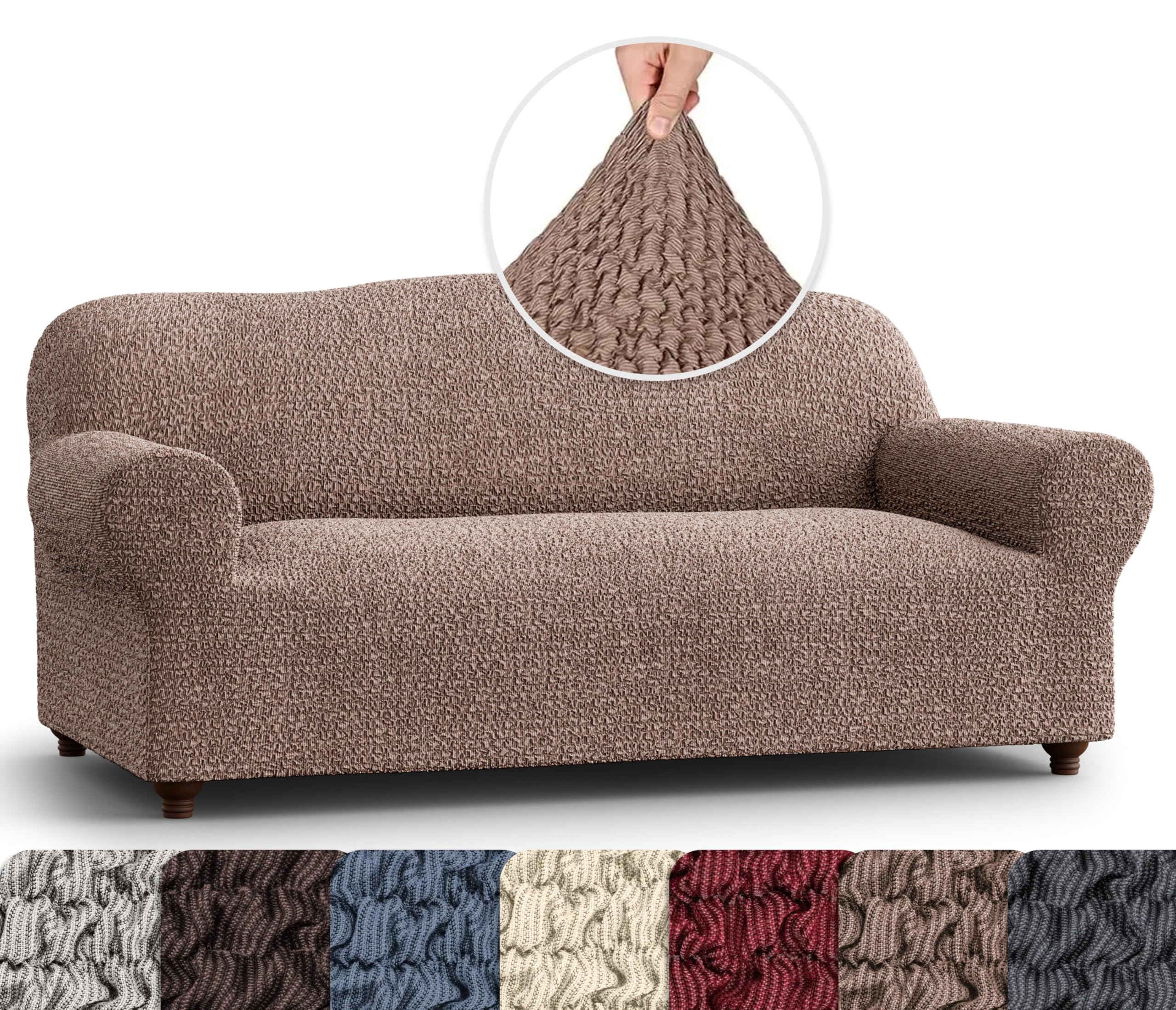 PAULATO BY GA.I.CO. Stretch Sofa Slipcover - 1-Piece Washable Couch Cover with Soft Polyester Fabric - Pet-Friendly Furniture Protector - Mille Righe Collection in Camel Color | Perfect for Living Room, Family Room & Pet Owners