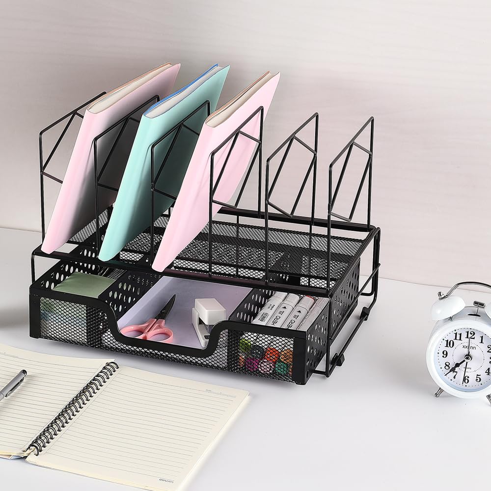Gianotter Black Desk Organizer with Sliding Drawer - 5 Upright Section File Sorter for Office Supplies | Perfect for Home Office, Workspace, and School Desk Organization