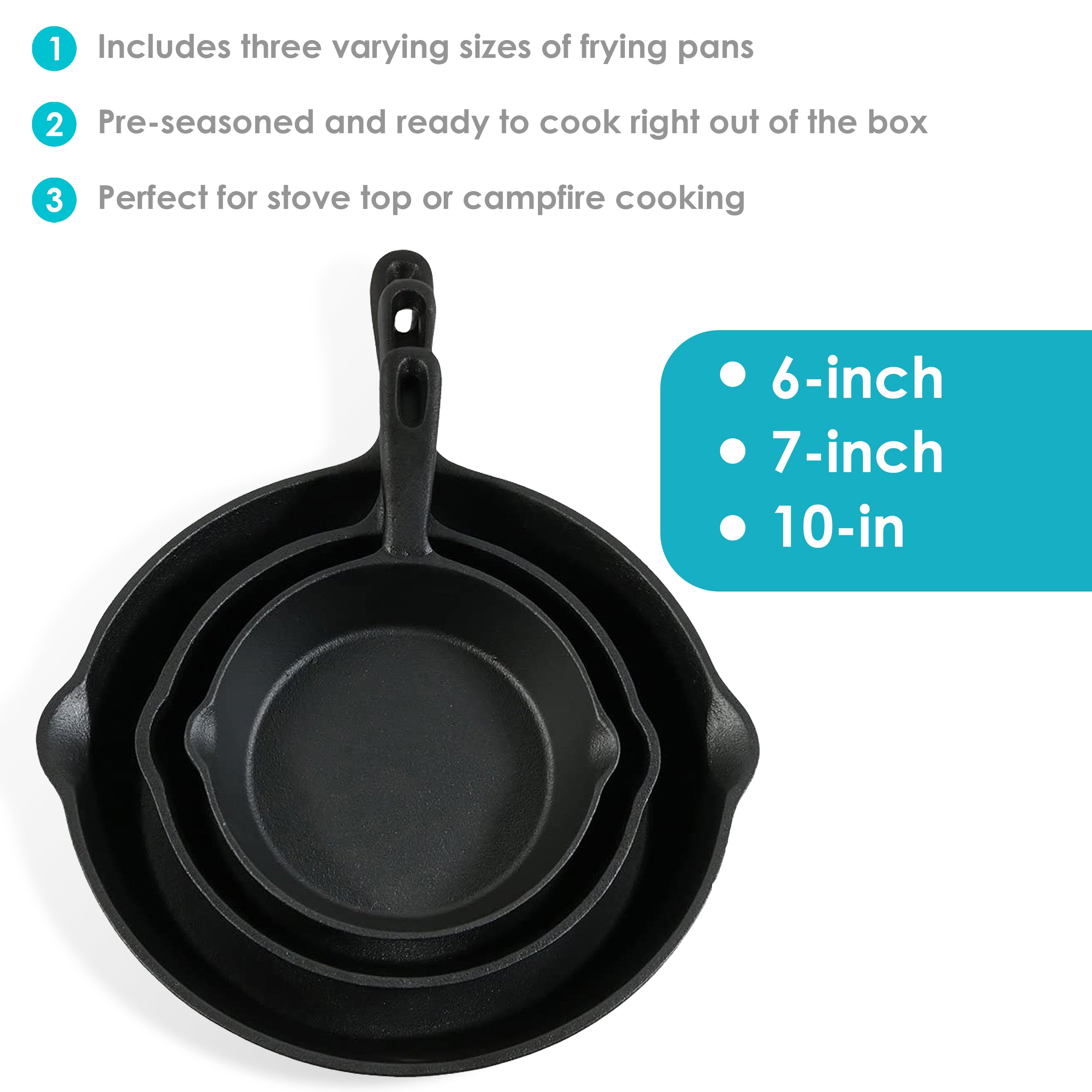 Premium Pre-Seasoned 3-Piece Cast Iron Skillet Set - 8