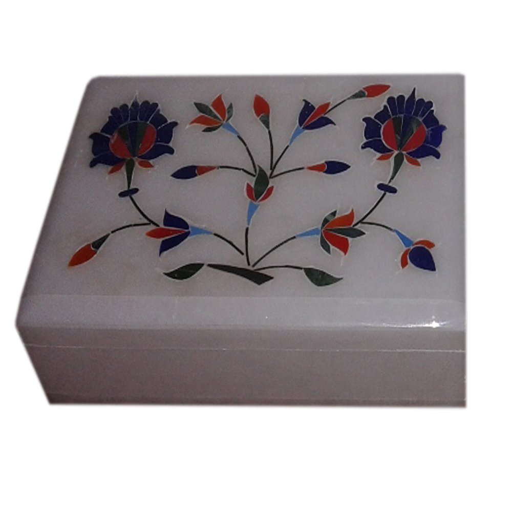 Handmade White Marble Jewelry Storage Box with Elephant Floral Carving - 6x4 Inch Jewelry Organizer for Watches, Rings & Small Items | Valentine's Day Gift, Home Decor & Wedding Present
