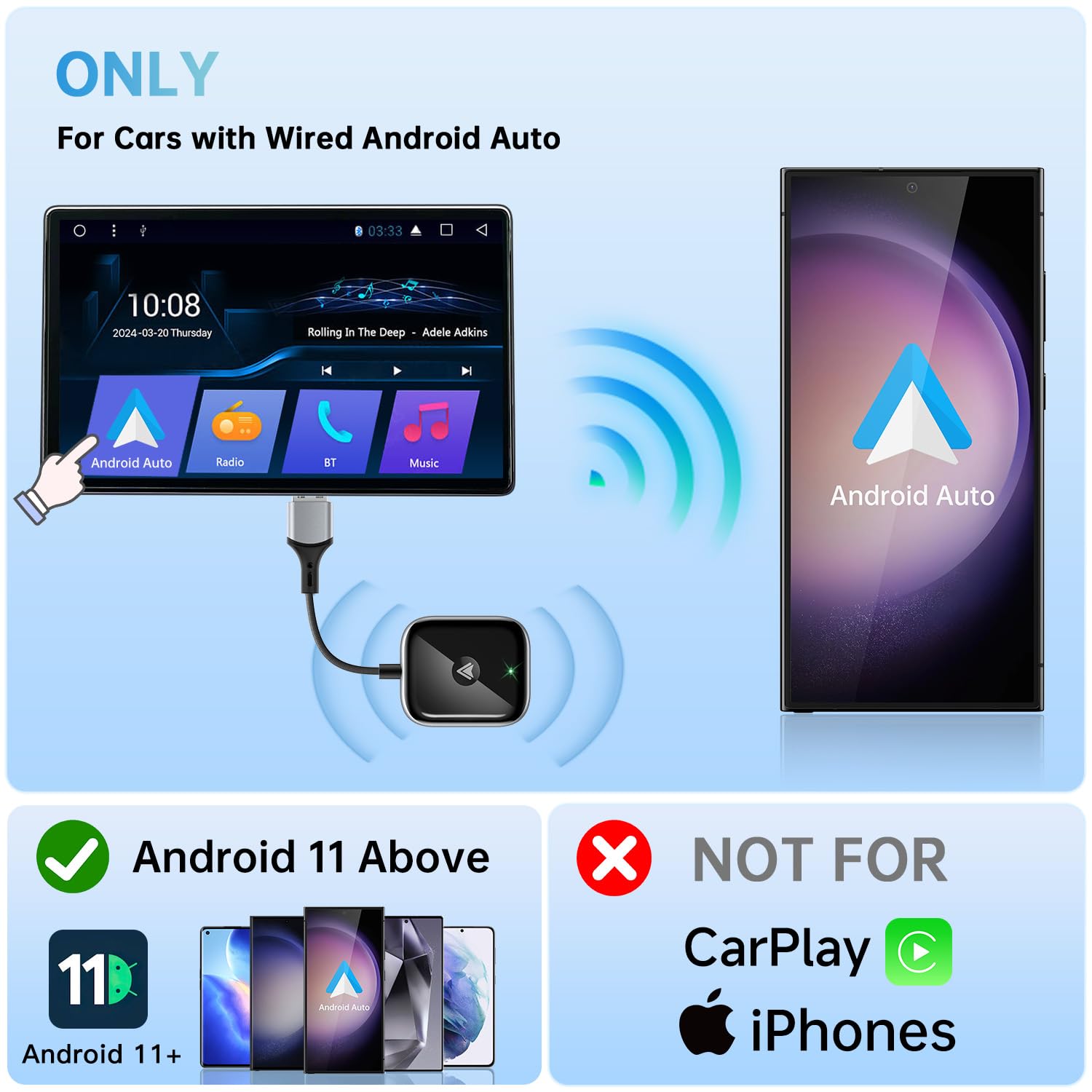 Wireless Android Auto Adapter - Plug & Play for Cars, Fast & Seamless Connection - Perfect for Commuting & Road Trips