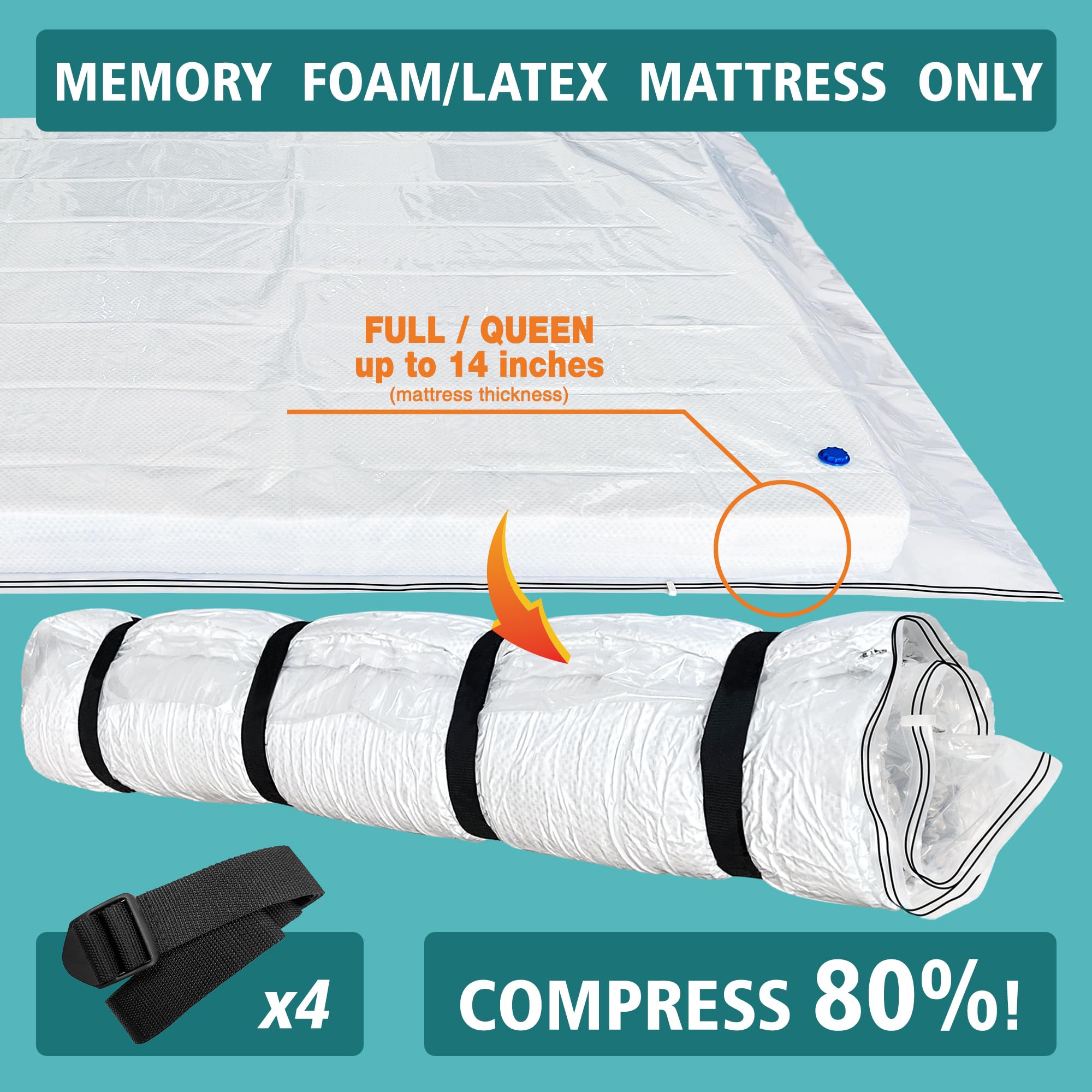 Queen/Full Mattress Vacuum Storage Bag for Moving & Travel - 14 Inch Thick Memory Foam & Latex Mattress Protector | Perfect for Home Storage, Dorm Moves & RV Camping