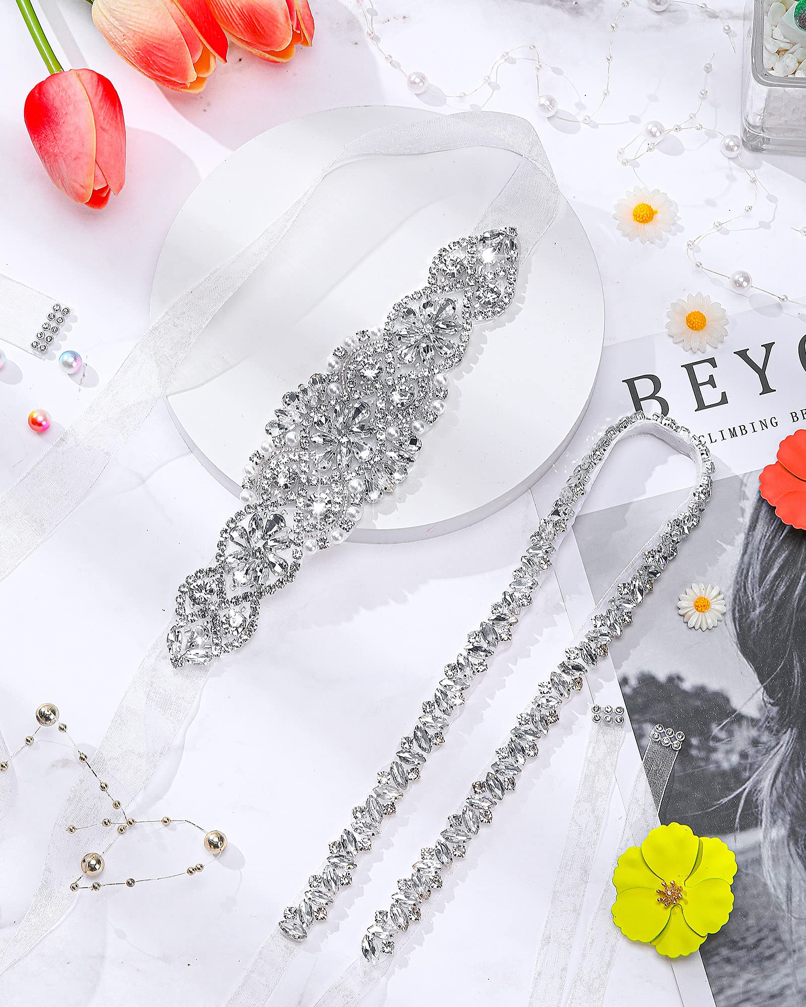SATINIOR 2-Pack Rhinestone Wedding Sash Belt - Crystal Diamond Bridal Waistband for Bride & Bridesmaids - Elegant White Wedding Accessory for Ceremony, Reception & Photoshoots