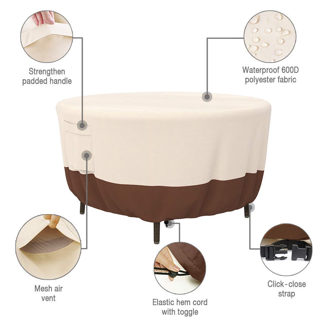Tuyeho 600D Heavy Duty Waterproof Patio Furniture Covers - Round Table Cover & Outdoor Stackable Chair Covers Set, Weather Resistant Garden Furniture Protector for All Seasons (Beige & Brown) | Perfect for Backyard, Deck, Poolside & Outdoor Dining Areas
