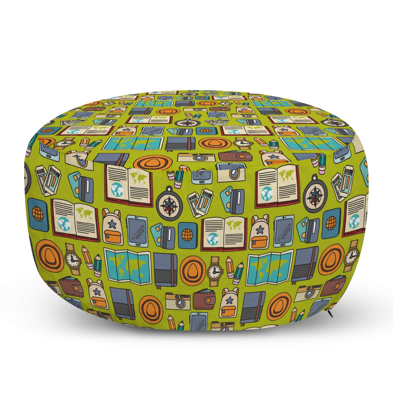 Ambesonne Hipster Ottoman Pouf with Travel Adventure Design - Camera, Passport, Ticket & Map Print Footrest | Soft Decorative Pouf with Removable Cover for Living Room & Bedroom | Perfect for Home Decor, Lounge Seating & Cozy Reading Nook - Multicolor