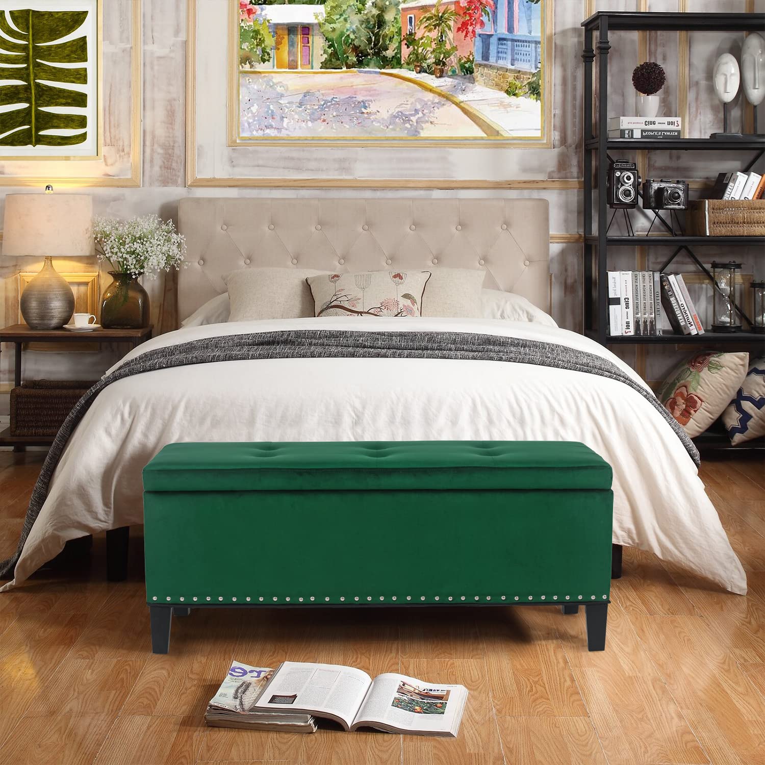 Joveco 41 Inch Storage Ottoman Bench with Button Tufted Design, Microfiber Upholstered Footrest for Living Room, Bedroom & Entryway - DIY Assembly (Green) - Perfect for Extra Seating, Hidden Storage & Home Decor