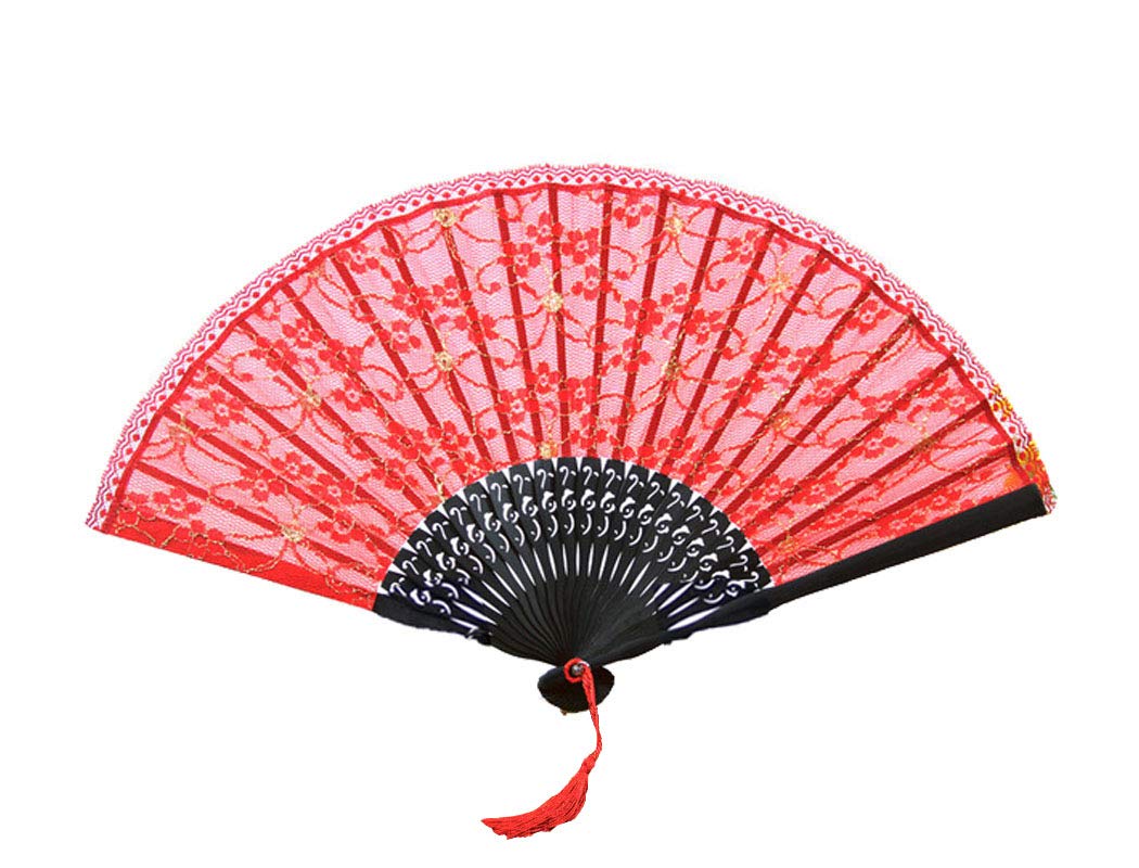 Seres Elegant Folding Fan - Handmade Bamboo Frame with Delicate Lace Fabric, 5 Beautiful Patterns (8.5 Inch) - Perfect for Weddings, Tea Ceremonies & Home Decor - Pattern 3 Red Floral Design