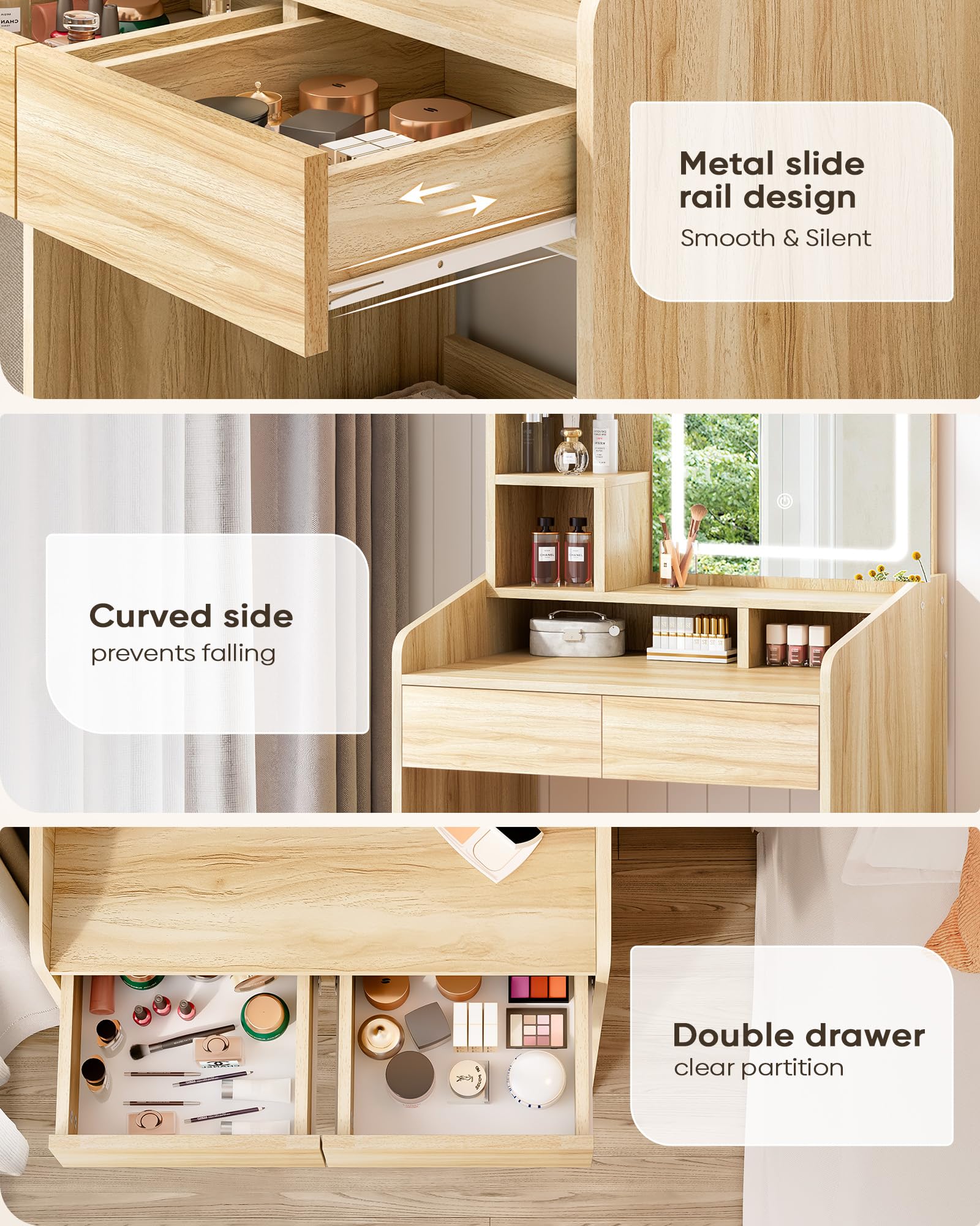 Elegant Small Vanity Desk Set with Square Mirror & LED Lights - Wooden Dressing Table with Storage Drawers - Perfect for Bedroom Makeup & Jewelry Organization