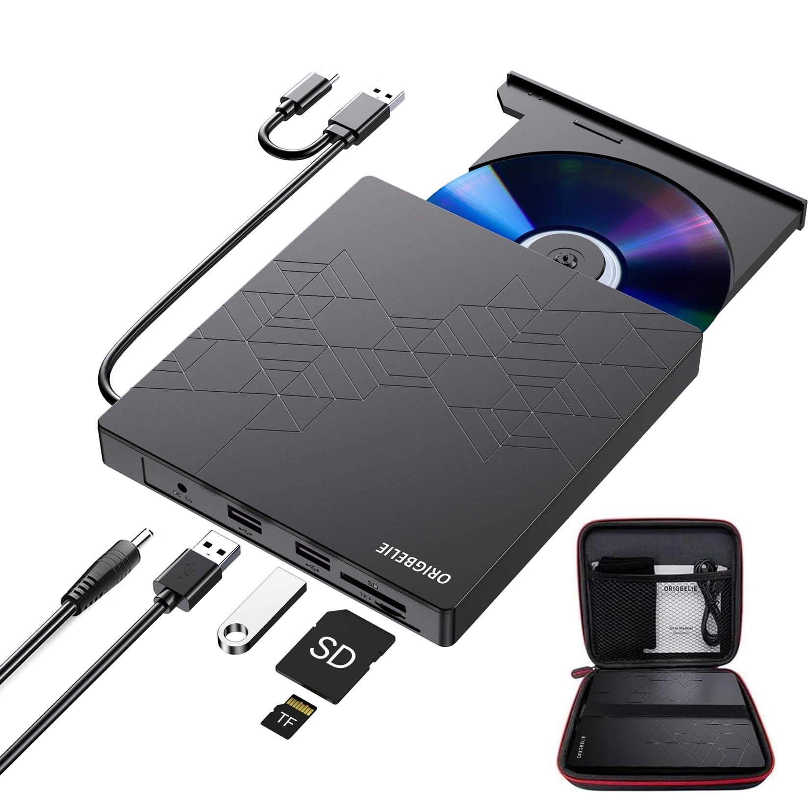 Portable External CD DVD Drive USB 3.0 with 2 USB Ports & TF/SD Card Slots - CD Burner for Laptop, Mac, PC (Windows 11/10/8/7, Linux) - Includes Carrying Case - Perfect for Home Office, Travel & Data Backup