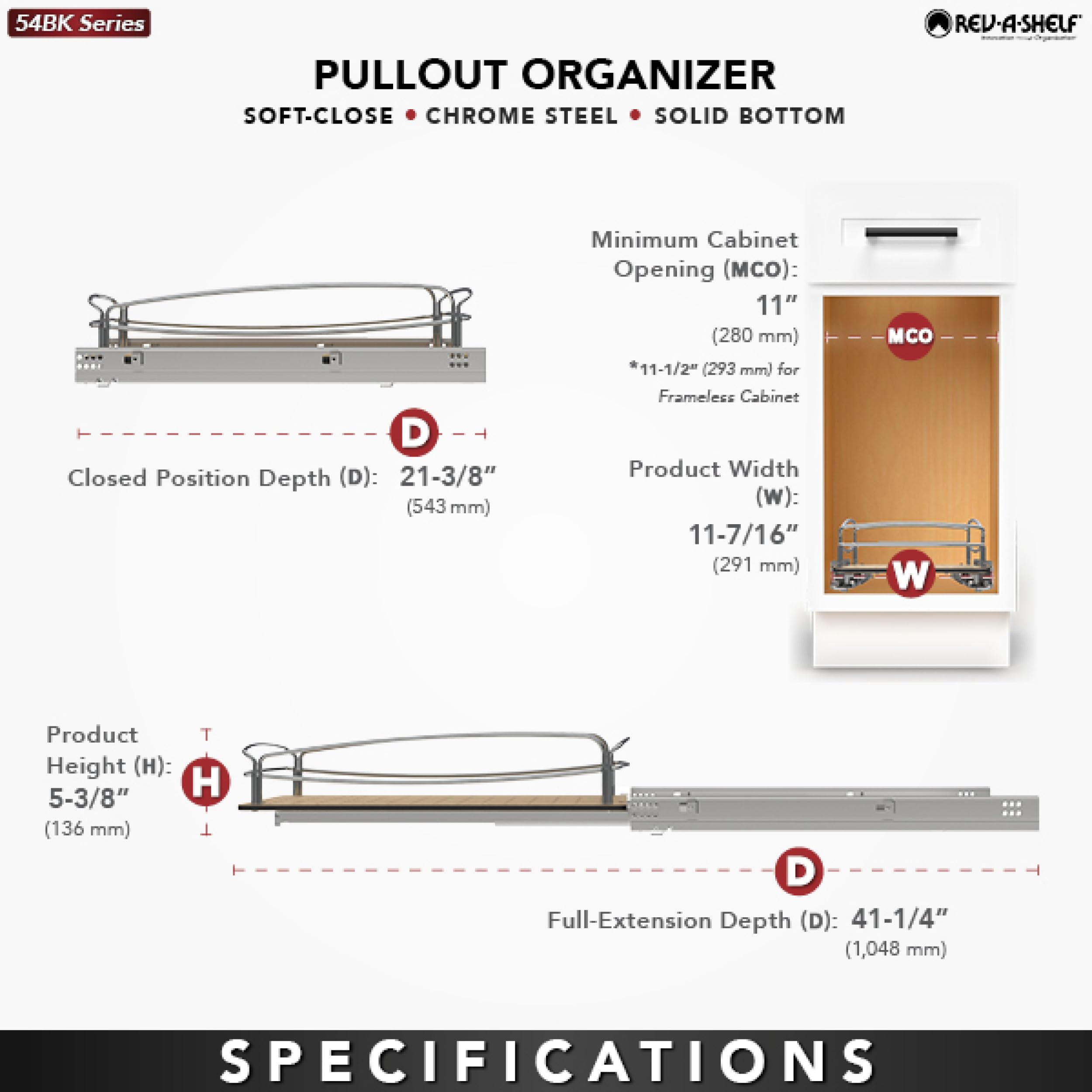 Rev-A-Shelf Pull Out Kitchen Cabinet Organizer - Solid Bottom Undermount Drawer with Soft-Close Full Extension Slides (54BK-12SC-1) - Perfect for Pantry Storage & Kitchen Organization