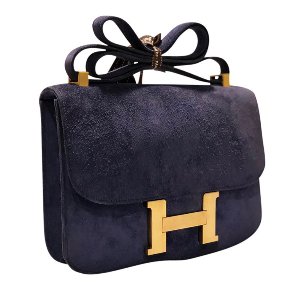 Vintage Hermès Constance 24 Navy Suede Bag with Gold Hardware - Luxury Handbag for Women, Perfect for Evening Events & Special Occasions