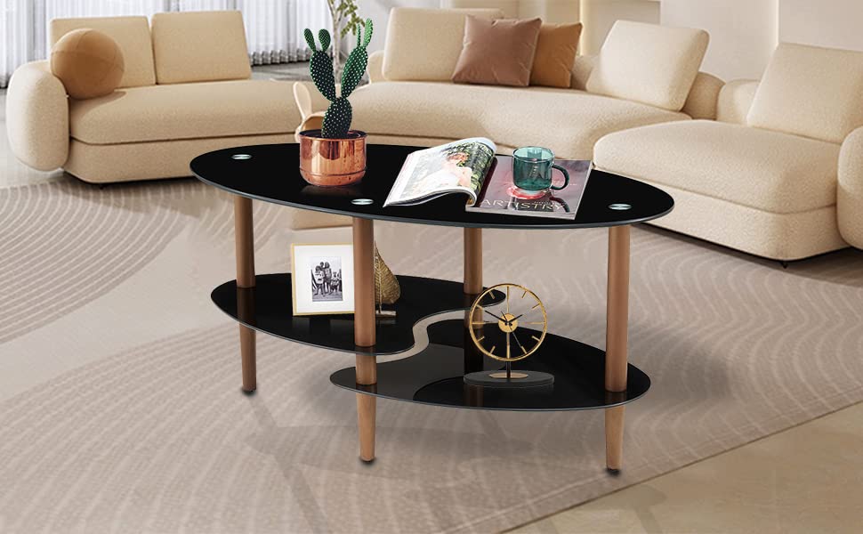 Modern Black Oval Glass Coffee Table with Oak Wood Legs - 3-Layer Transparent Glass Top - Perfect for Living Room, Waiting Room & Office Spaces
